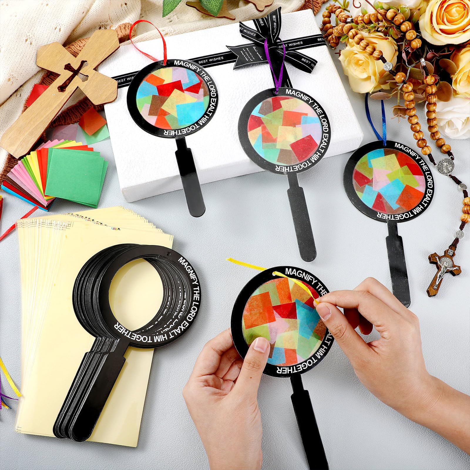 Motipuns 32 juegos de atrapasueños, kits de manualidades cristianas religiosas VBS Craft efecto vitral, kit de papel de seda para la escuela dominical, resurrección, arte de ventana (Vbs Sunday School