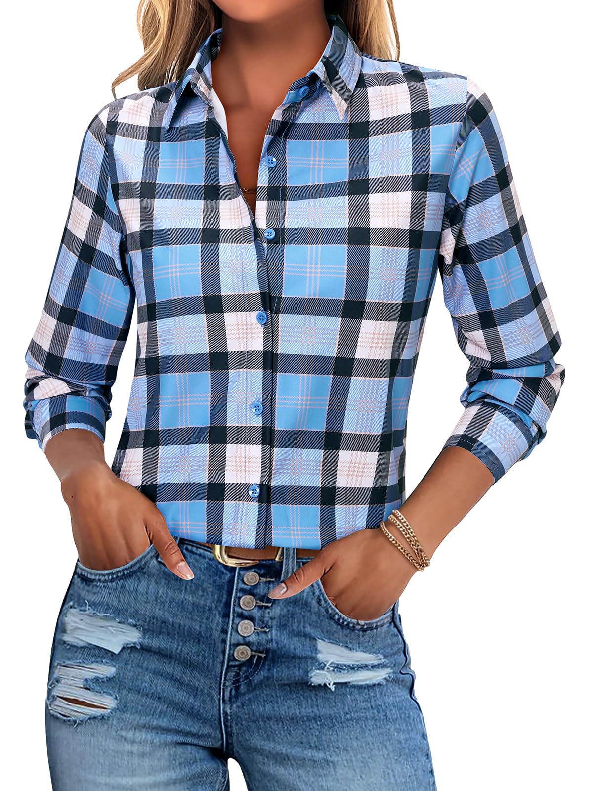 Women's Button Down Shirts Plaid Long Sleeve Dress Shirt Collared Fitted Blouses Wrinkle Free Casual Office Work Tops