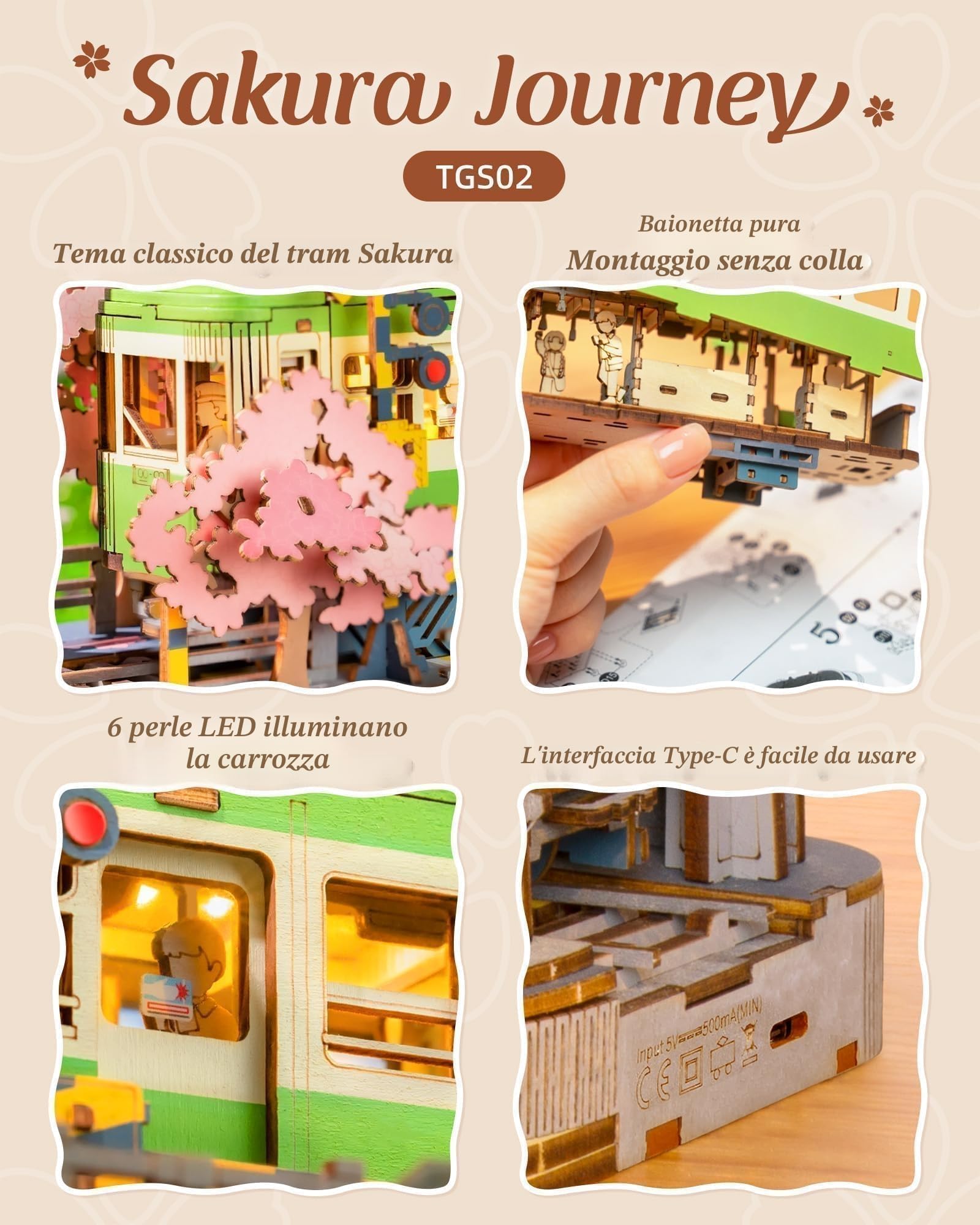 ROWOOD Viaggio Nei Sakura Puzzle Legno 3D, Kit Modello in Legno Da Costruire Per Adulti, Kit Fai Da Te Per Costruire Tram Giapponesi Sakura, Ideale Come Regalo Di Natale E Compleanno