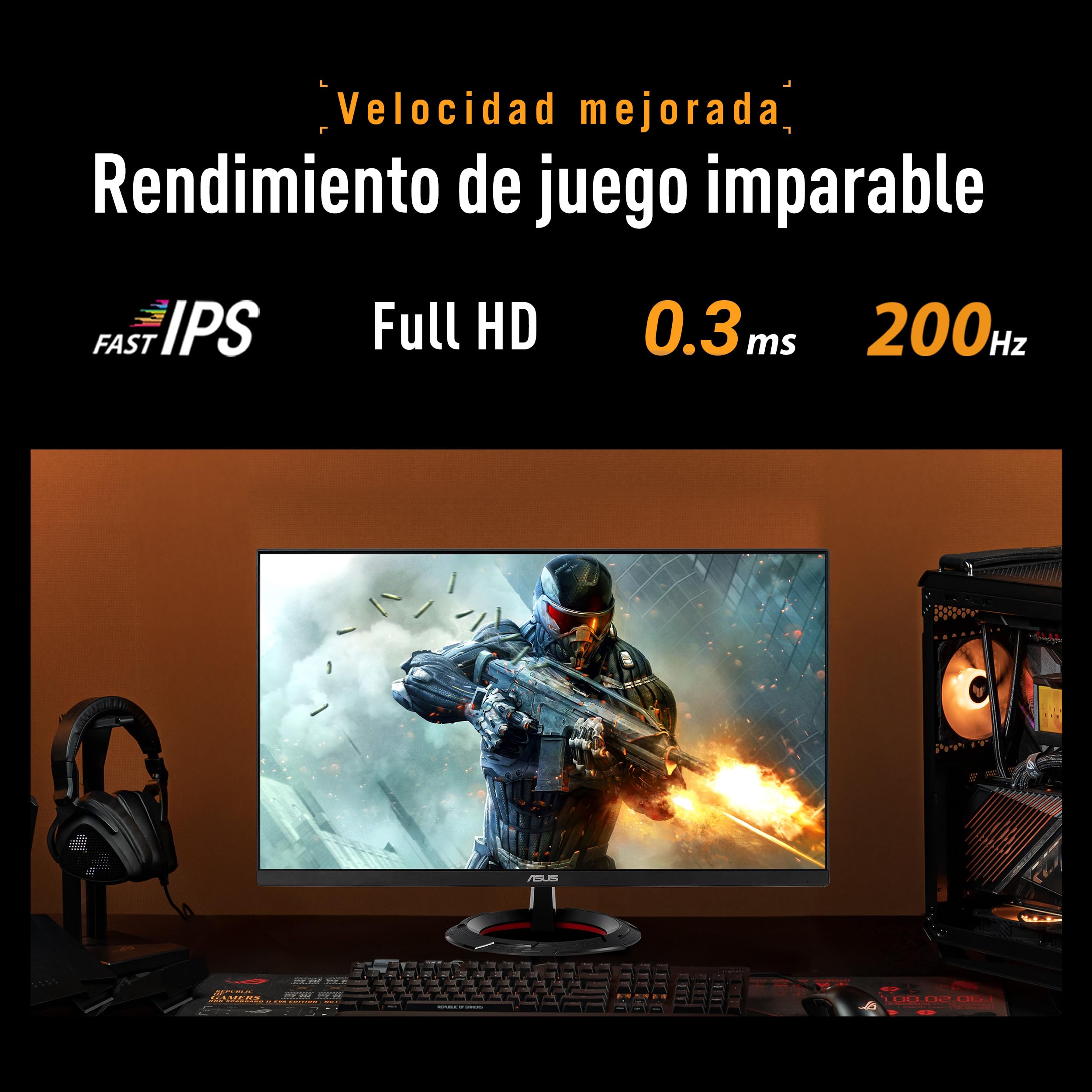 ASUS TUF Gaming VG249Q5R Monitor de 23,8 Pulgadas, Full HD (1920 x 1080), 200 Hz, Fast IPS, ELMB, 0.3 ms GTG (mín), Altavoz estéreo, DisplayWidget Center, AI Visual