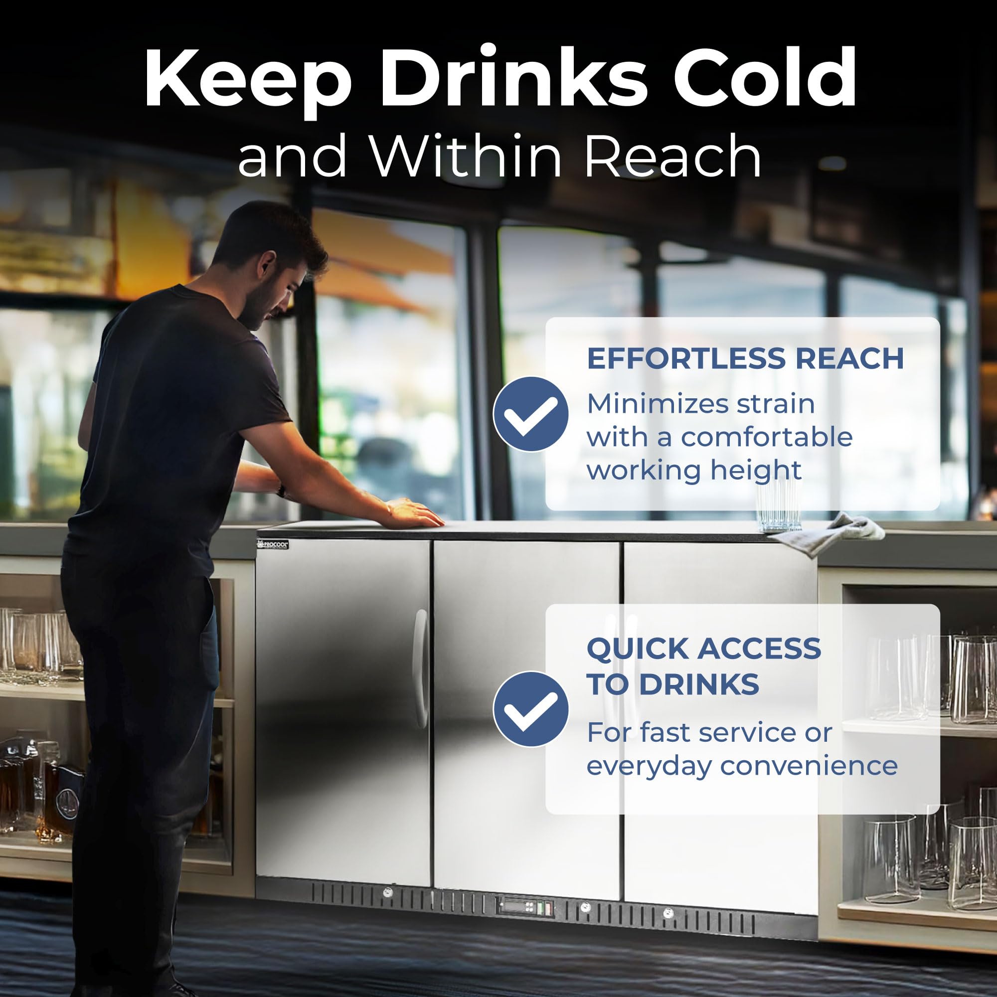 Procool 3-Door Counter Height Beverage Refrigerator - 54" Wide Energy Efficient Stainless Steel Bar Fridge With LED Lighting - Commercial Back Bar Cooler on Fridge.com - View 3