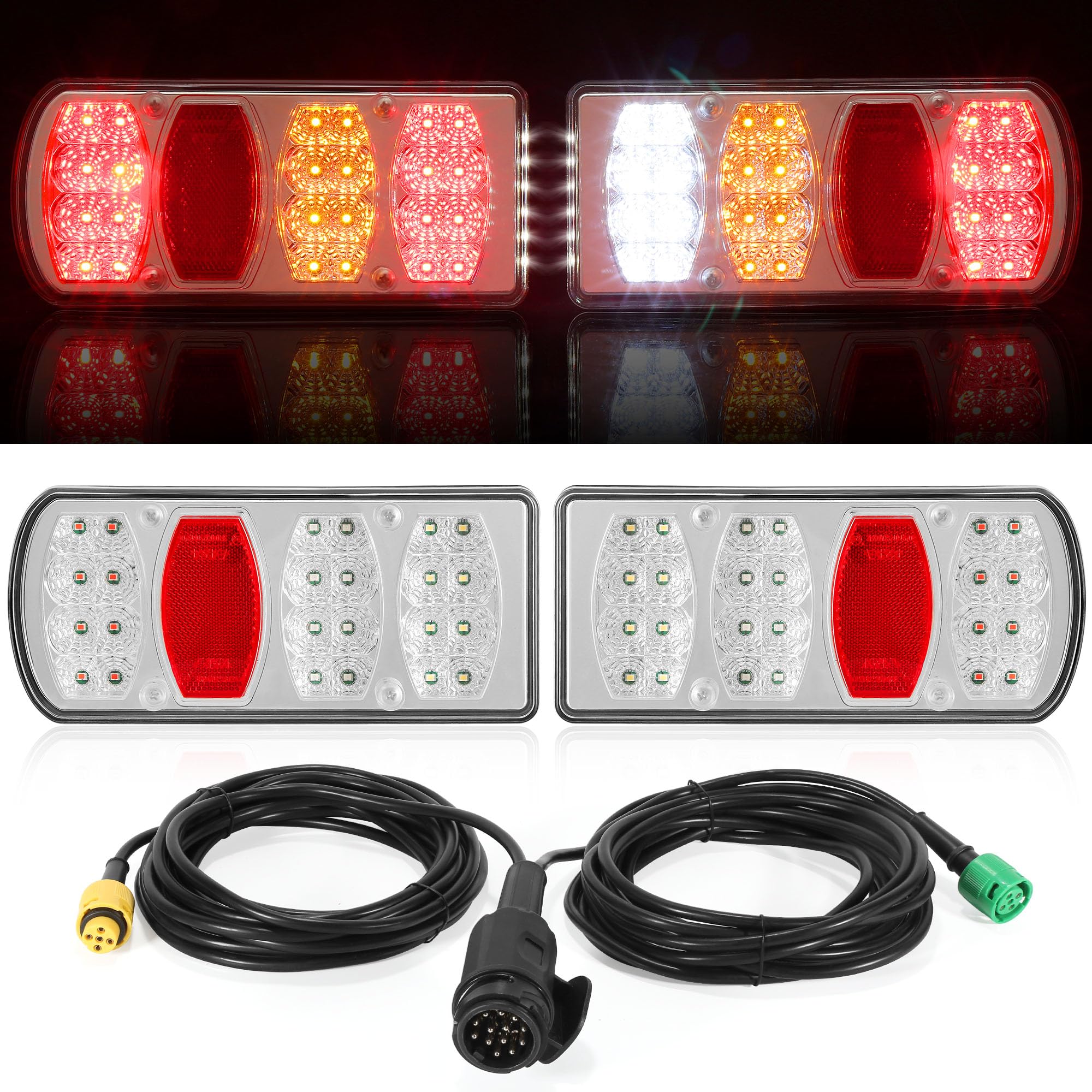 Kit Luces de Remolque 13 Pines 12V/24V Pilotos Traseros Led 7Funciones | IP65 Impermeable E57 Homologados | Conector Bayoneta 5P Pre-cableado 5,5m para Caravana, Camión, Remolque Agrícola