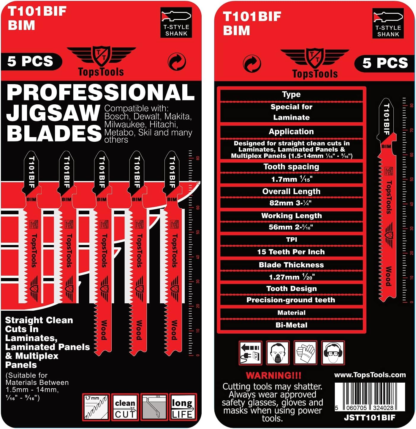5 x TopsTools T101BIF Laminate Cutting Jigsaw Blades