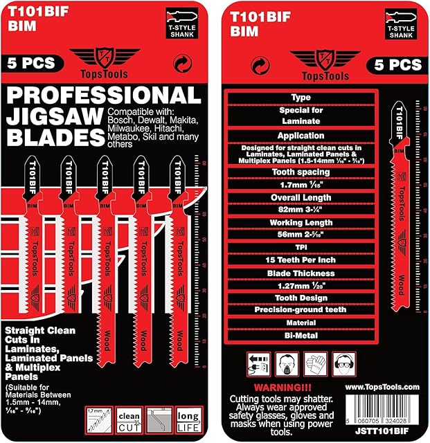5 x TopsTools T101BIF Laminate Cutting Jigsaw Blades Compatible with Bosch, Dewalt, Makita, Milwaukee and many more