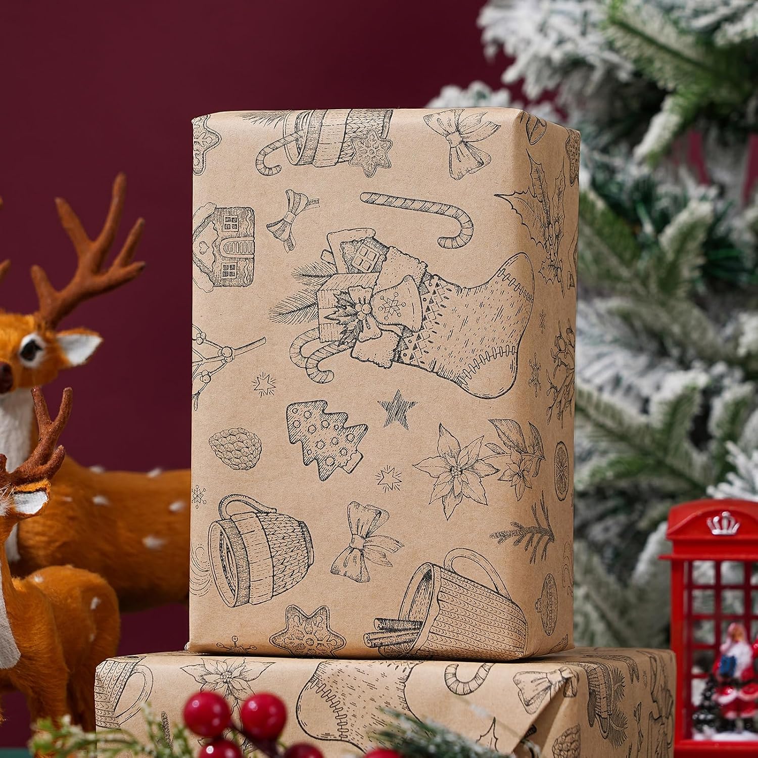 Ulmasinn Vintage Christmas Wrapping Paper Roll - Brown Kraft Paper 17" x33ft - with Cutting Line, Hand-Drawn Holiday Elements, Xmas Gift Wrap for Presents, Table Decor & Crafting image 4