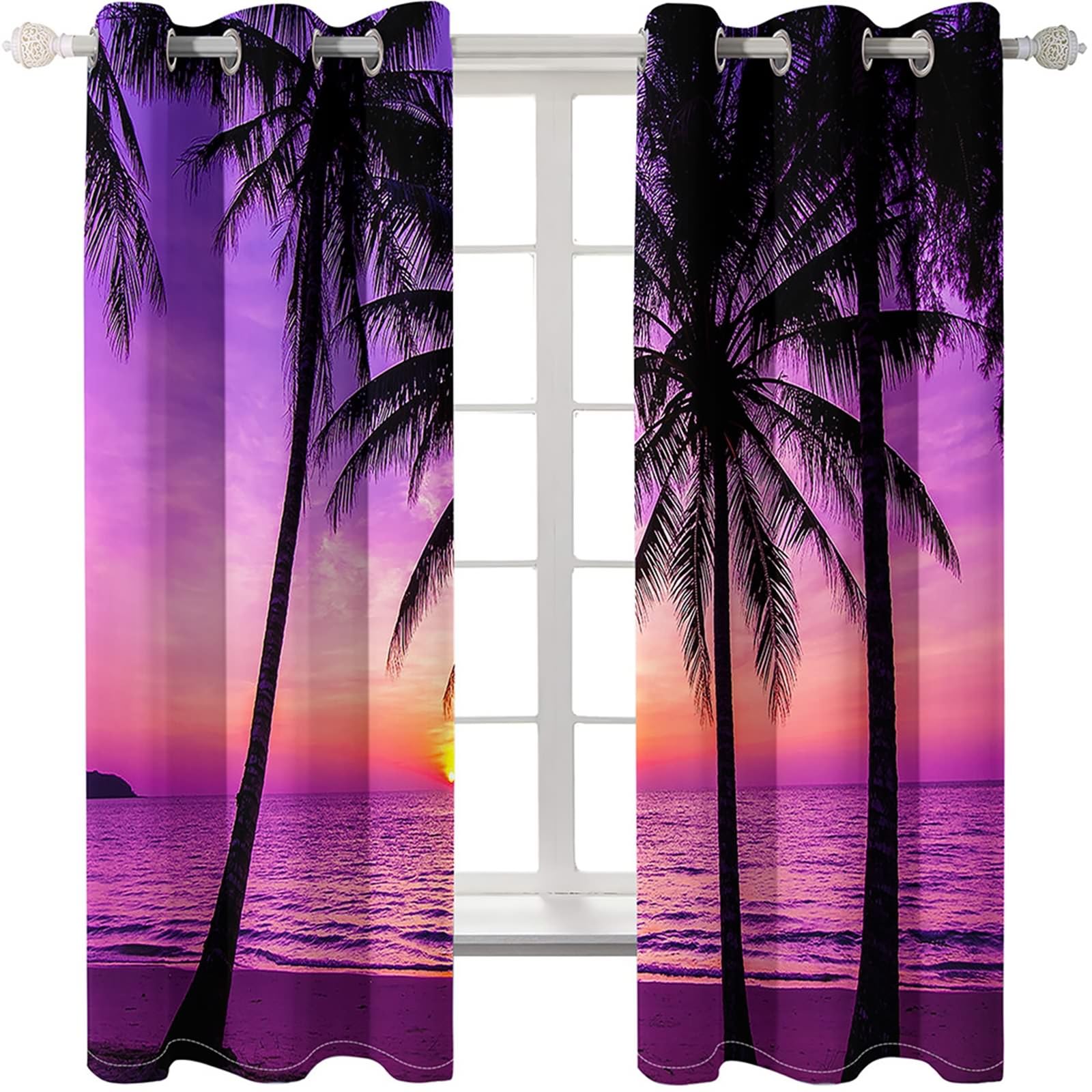 Vorhänge mit Ösen 2er Set, Gardinen Blickdicht Sonnenuntergang Strand Palmen Landschaft H 183 x B 102 cm Abdunkelnde Verdunklungsvorhänge für Wohnzimmer
