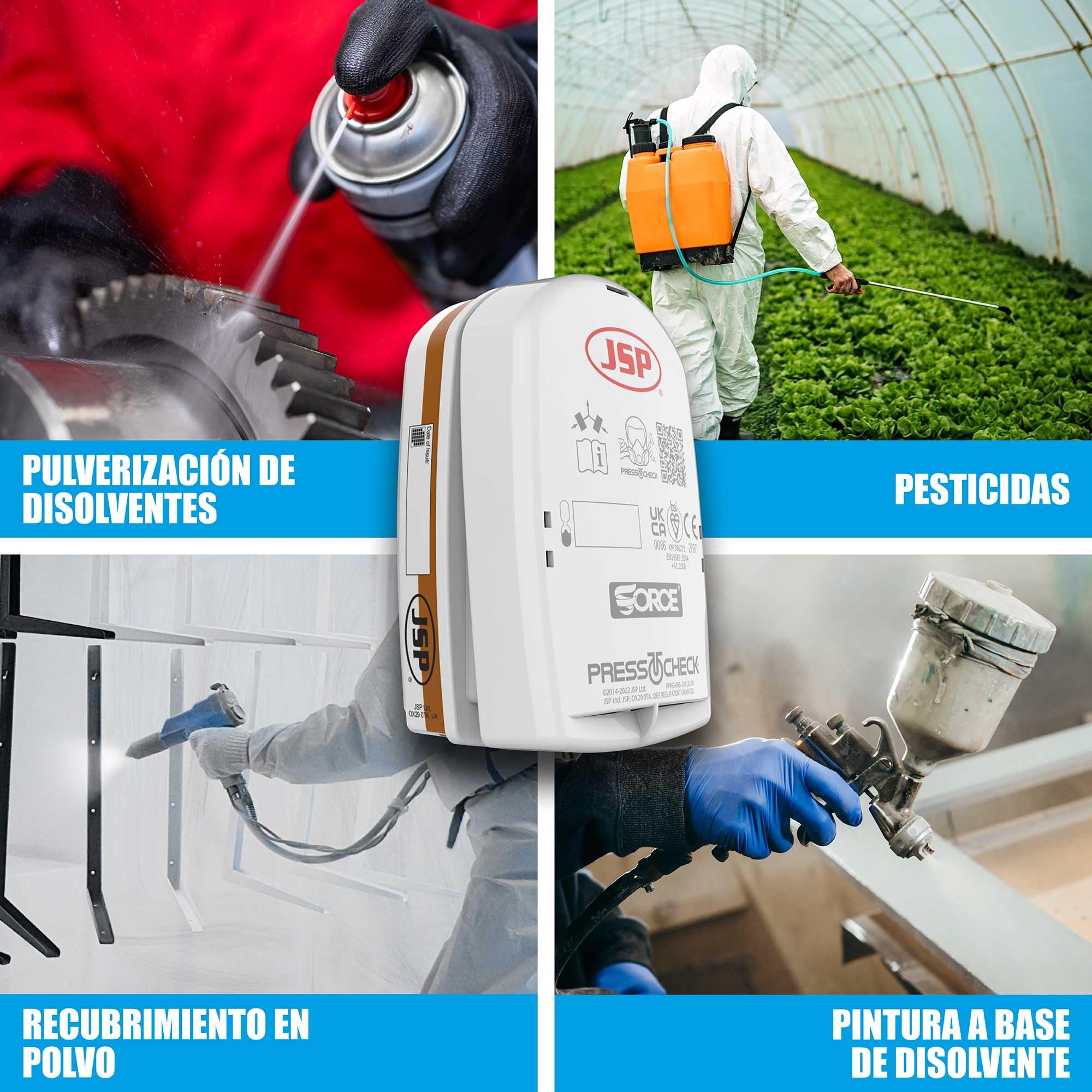 JSP FORCE 8 Semimáscara Respirador Reutilizable Filtros PressToCheck A2P3 | Protección pintura, disolventes, pesticidas, colas y polvo. Bricolaje e industria. UK. EN 140 & EN 14387.