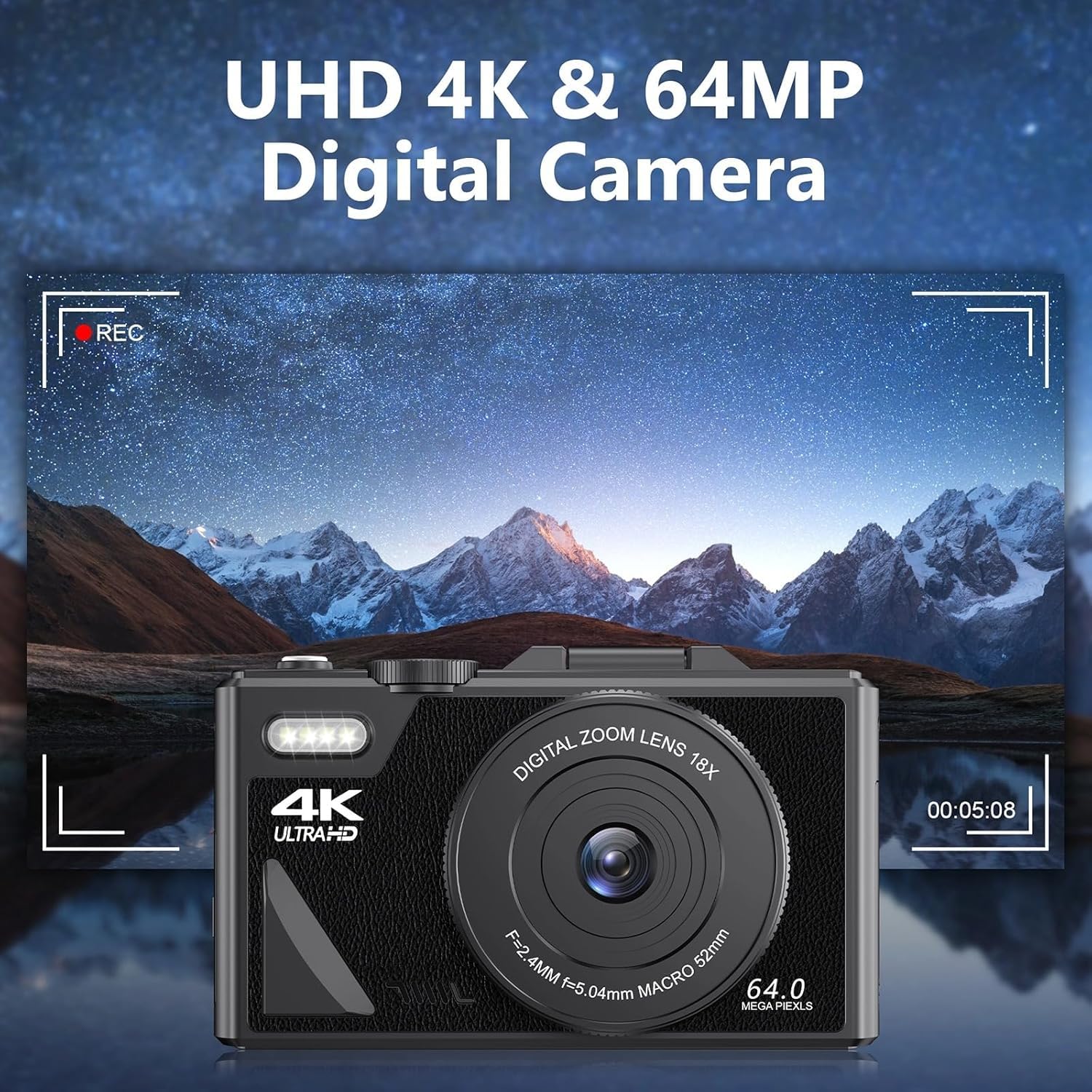 Aparat Cyfrowy 4K, 3-calowy Ekran z klapką, 64 MP UHD, 18-krotny Zoom i Autofokus, Kompaktowy Aparat Retro, Przenośna Kamera z funkcją Kamery Internetowej, do Fotografowania