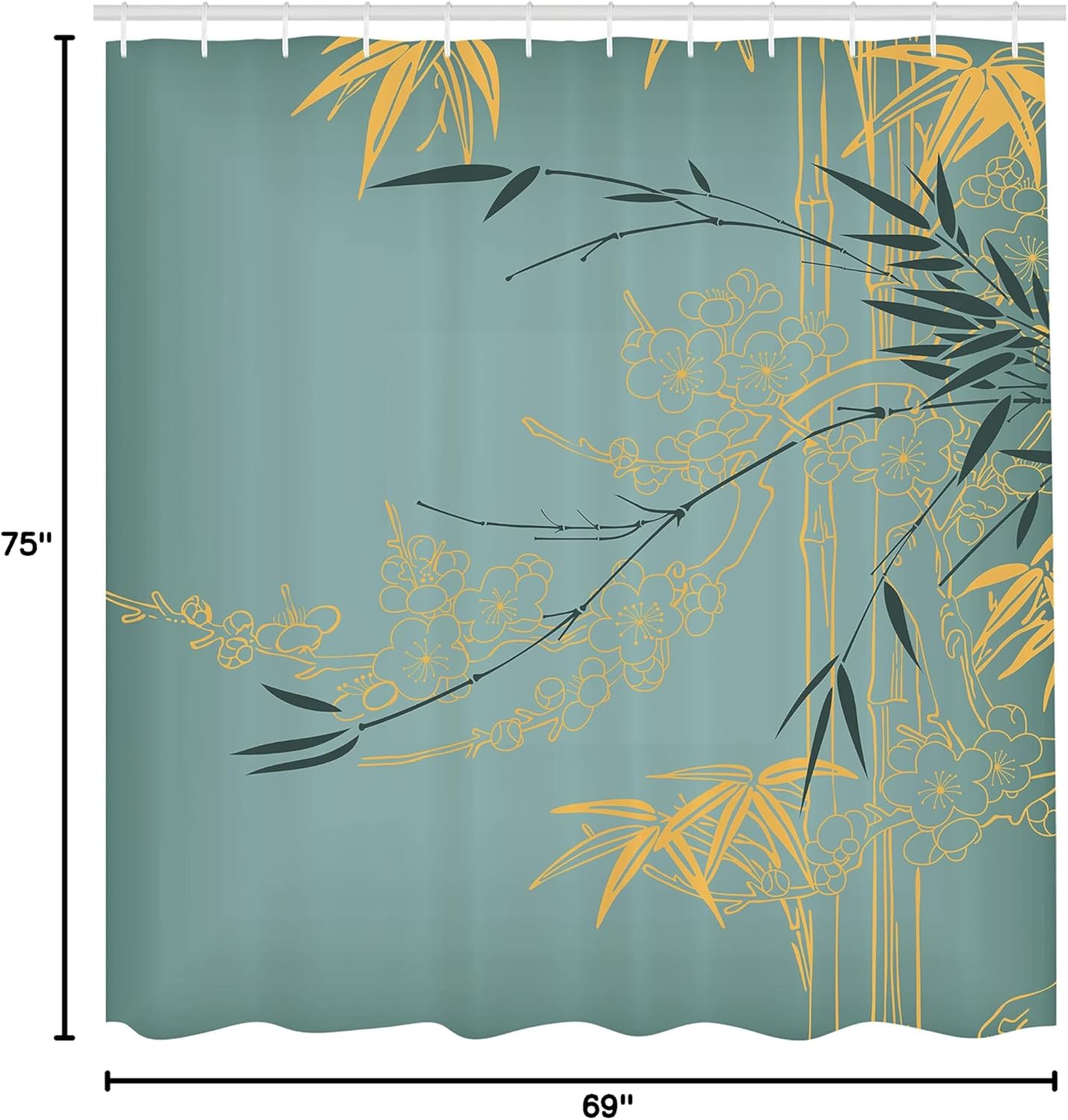 Ambesonne Asian Print Shower Curtain, Eastern Nature Theme Outline Look Blooming Branches and Flowers Illustration, Cloth Fabric Bathroom Decor Set with Hooks, 69" W x 75" L, Pale Teal