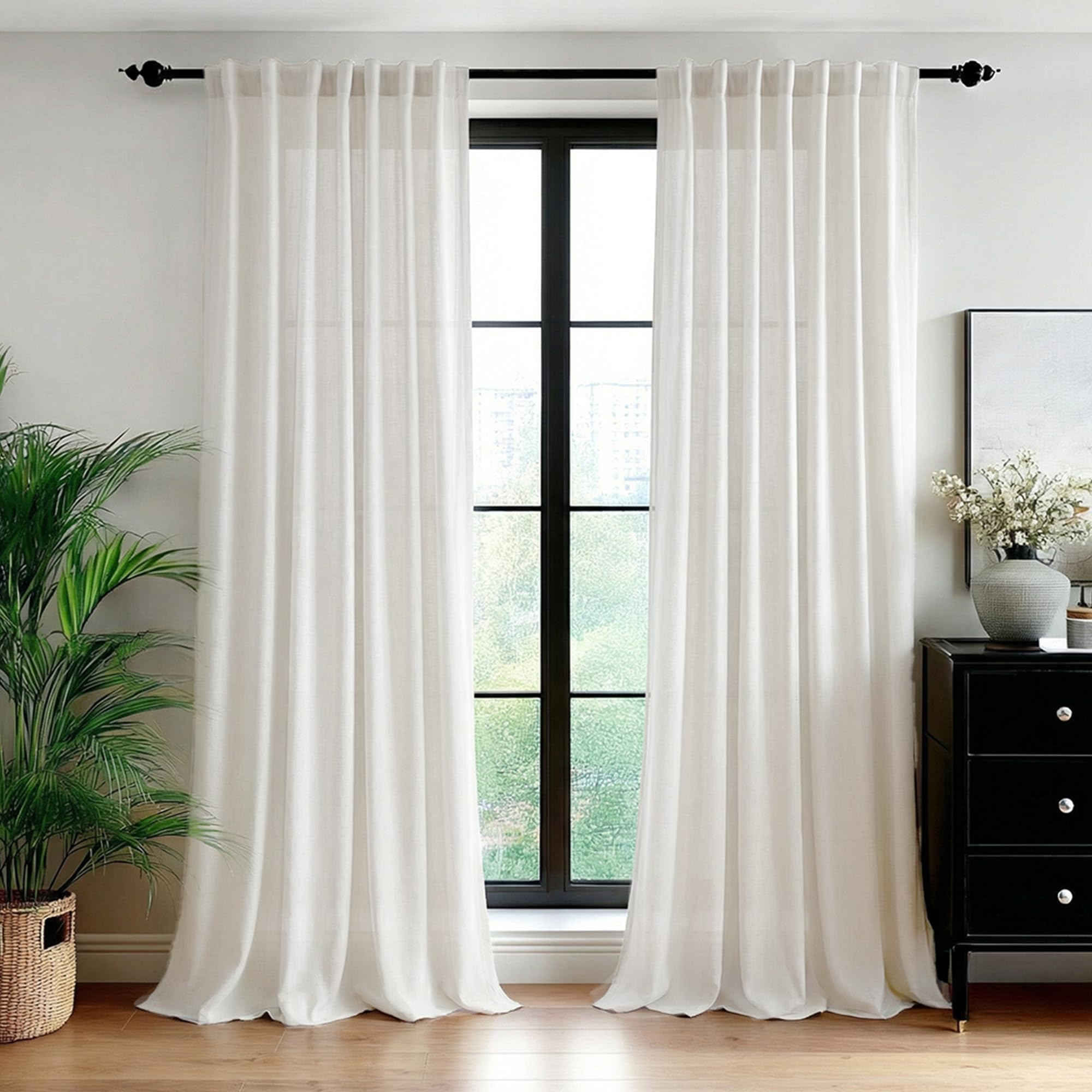 Deconovo Sheer Curtains, Light Filtering Linen Blend Drapes with Hidden Tabs and Pleat Tape, for Living Room Bedroom Dining Room, White, 50" W x 108" L, 2 Panels Linen Sheer - Cream White 50"W x 108"L (Pack of 2)