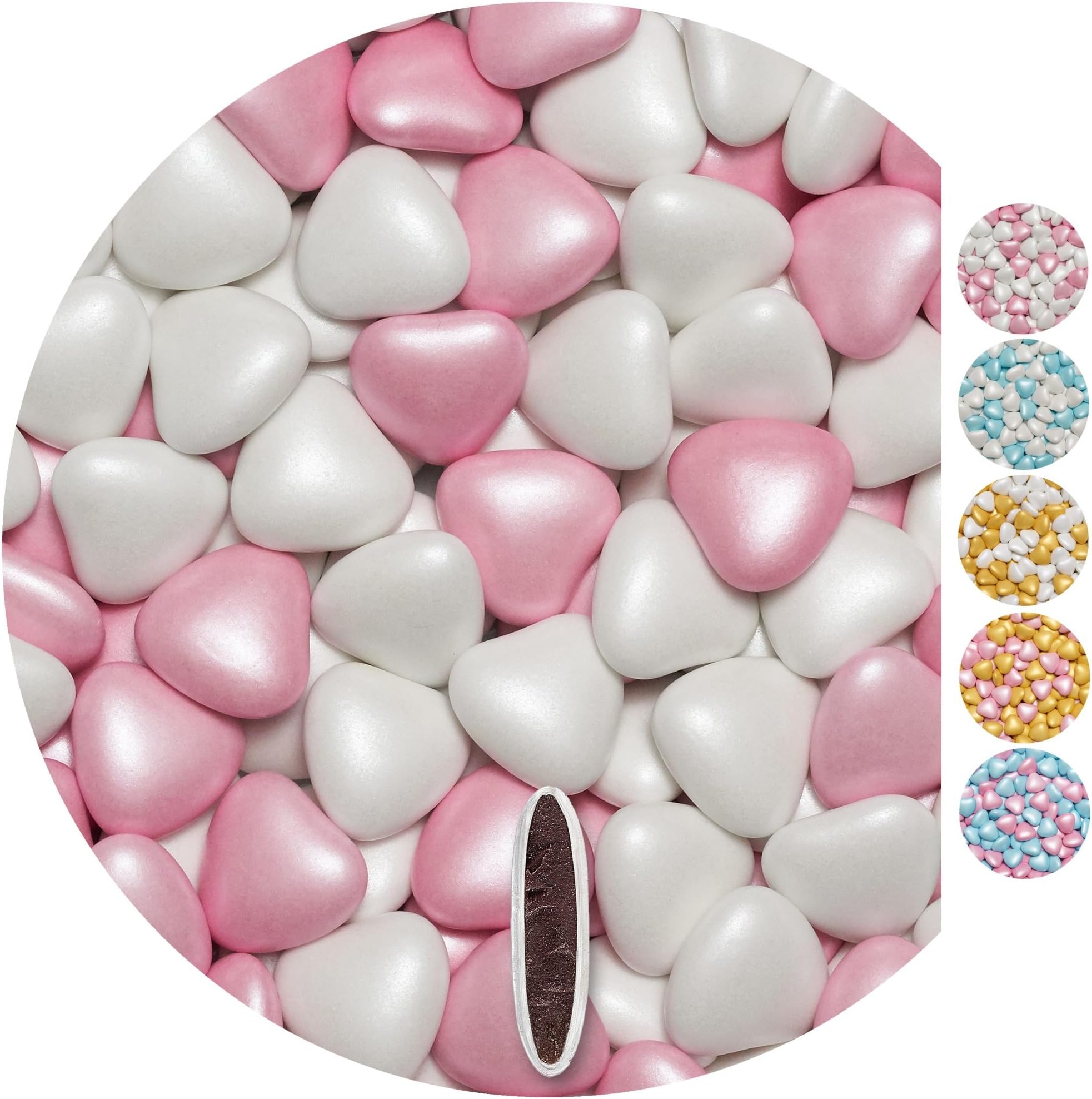 EinsSein 1kg Sugared Chocolate Hearts Dragees mix med white-pink pearl heart chocolates sweets dragées dragees wedding mini favours guests shapes chocolate table hearts party baptism sweet sugared