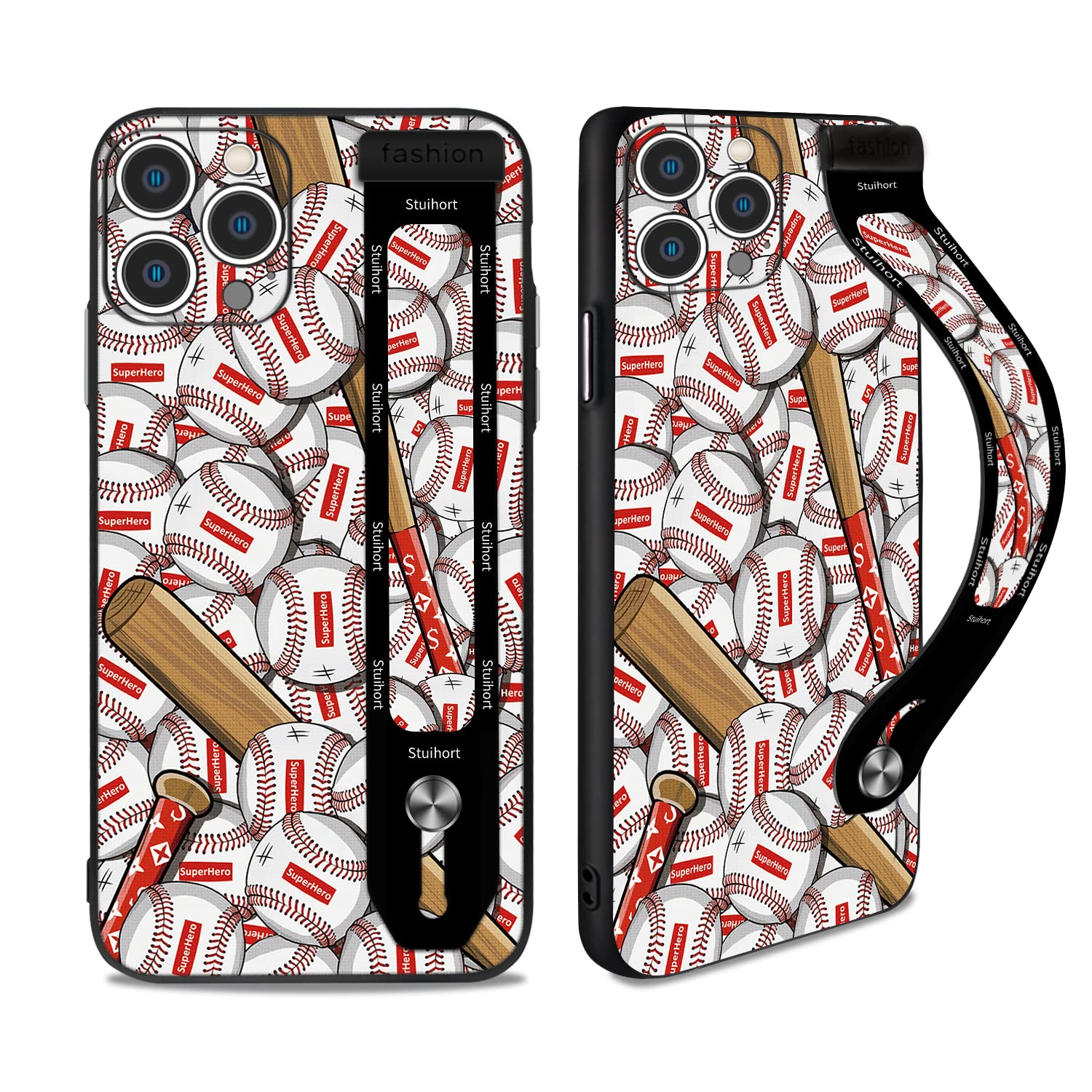 for iPhone 13 Pro Baseball Case with Wrist Strap Holder, Fashion Sporty Cute Ball Design Gifts Players Coach Slim Protective TPU Durable Shockproof Cover Boy Men-White