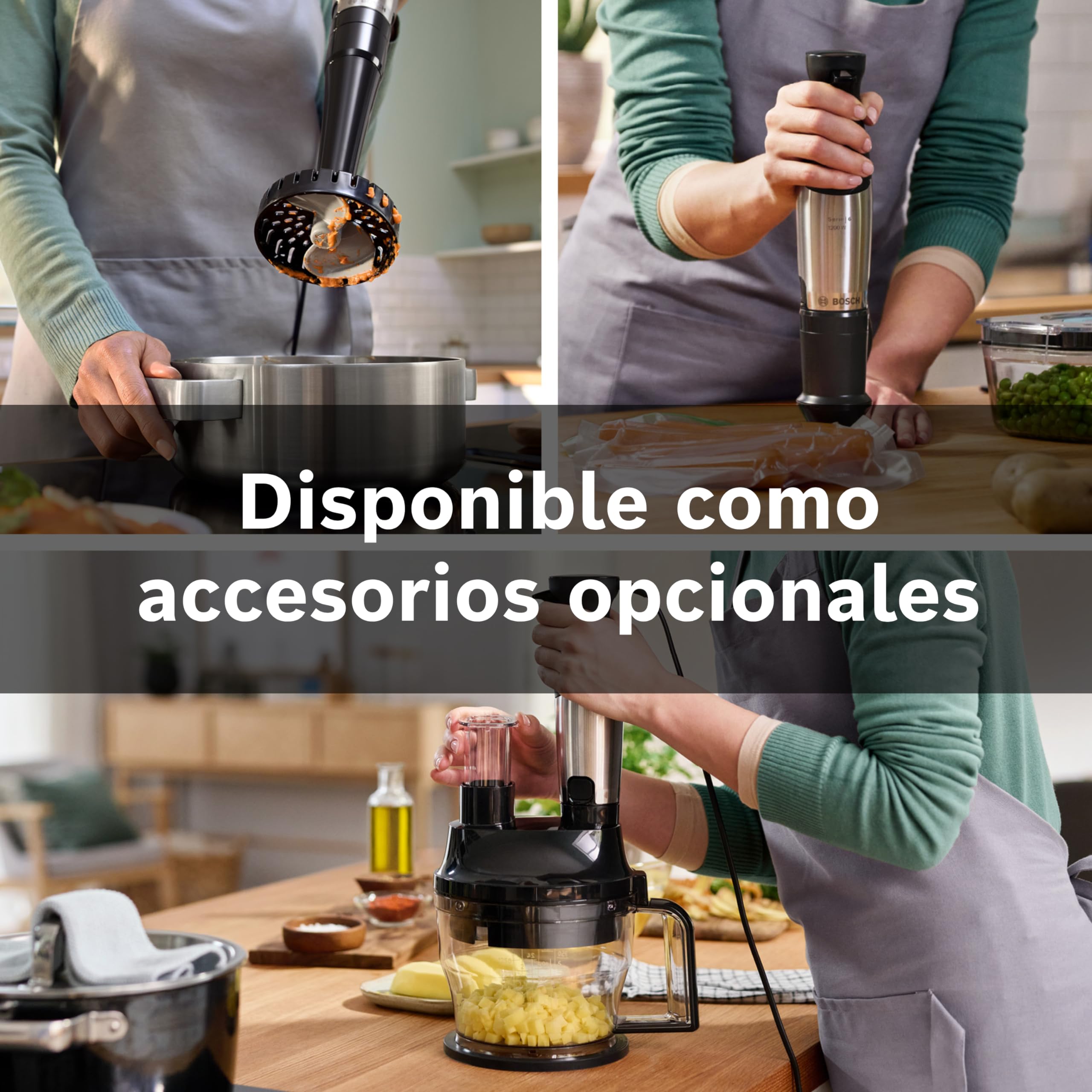 Bosch - Batidora de mano, ErgoMaster Serie 6, motor refrigerado por aire de 1000 vatios, control dinámico de velocidad, sistema de mezcla QuattroBlade, Acero inoxidable, MSM6M622
