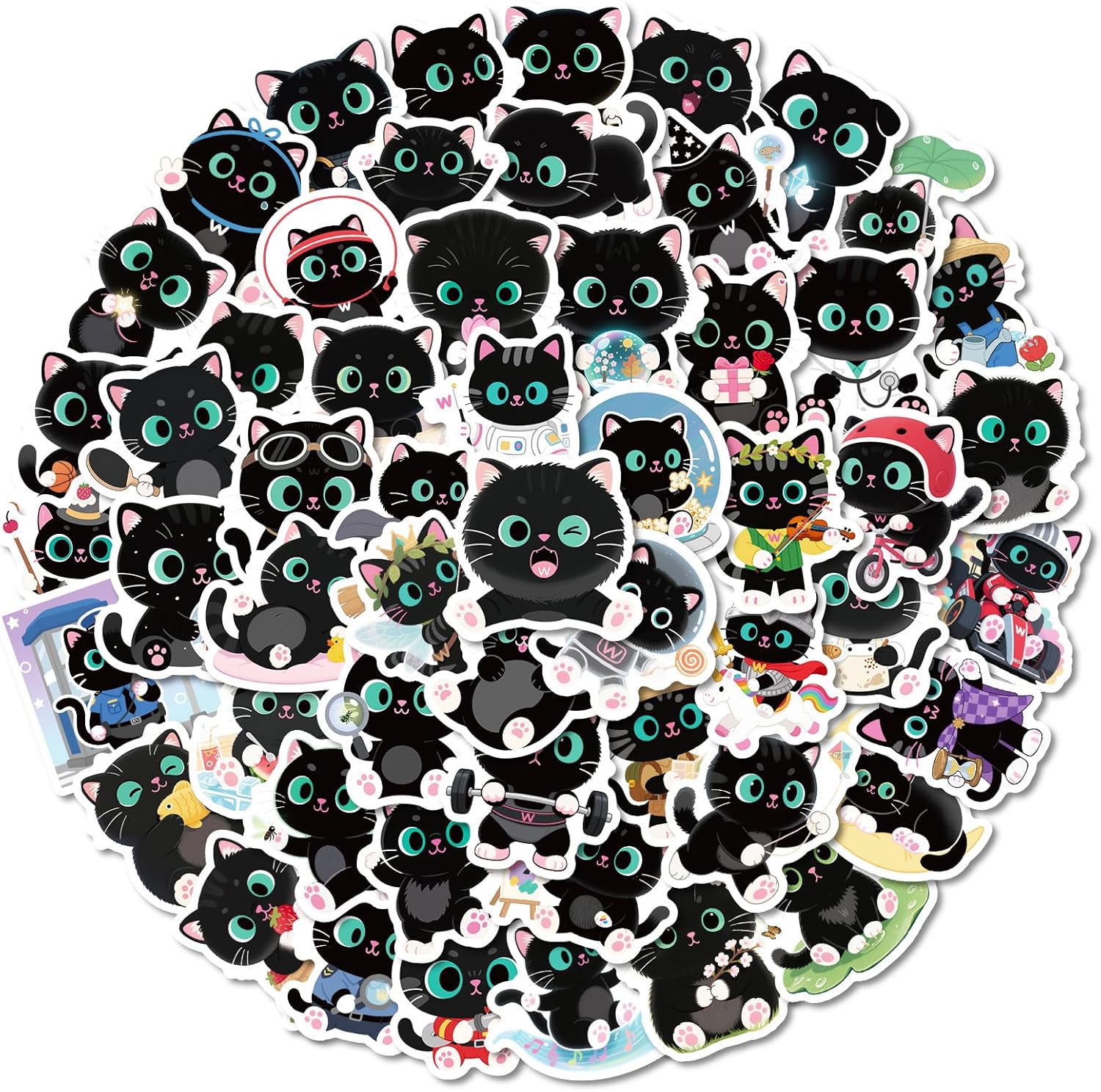 50Pcs Cute Black Cat Stickers for Water Bottles, Scrapbooking, Kindle, Skateboards, Notebooks, Laptop, Bicycle, Waterproof Vinyl Graffiti Kitten Decals