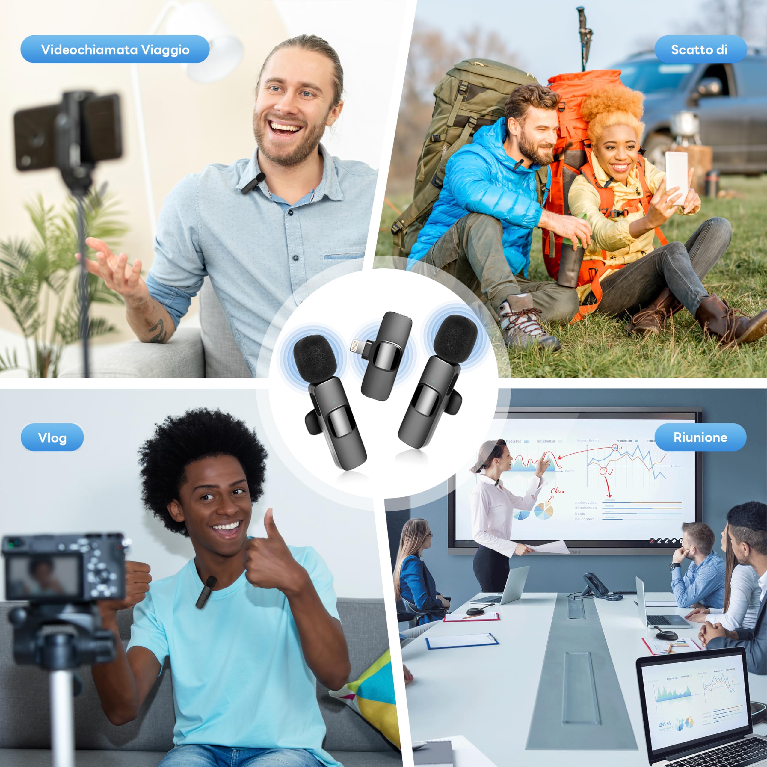 Microfono Wireless Lavalier per iPhone/Android/PC, Batteria 10 Ore, Cancellazione del Rumore, Microfono a Spillo Plug & Play per YouTube, Vlogging, Podcast, Interviste