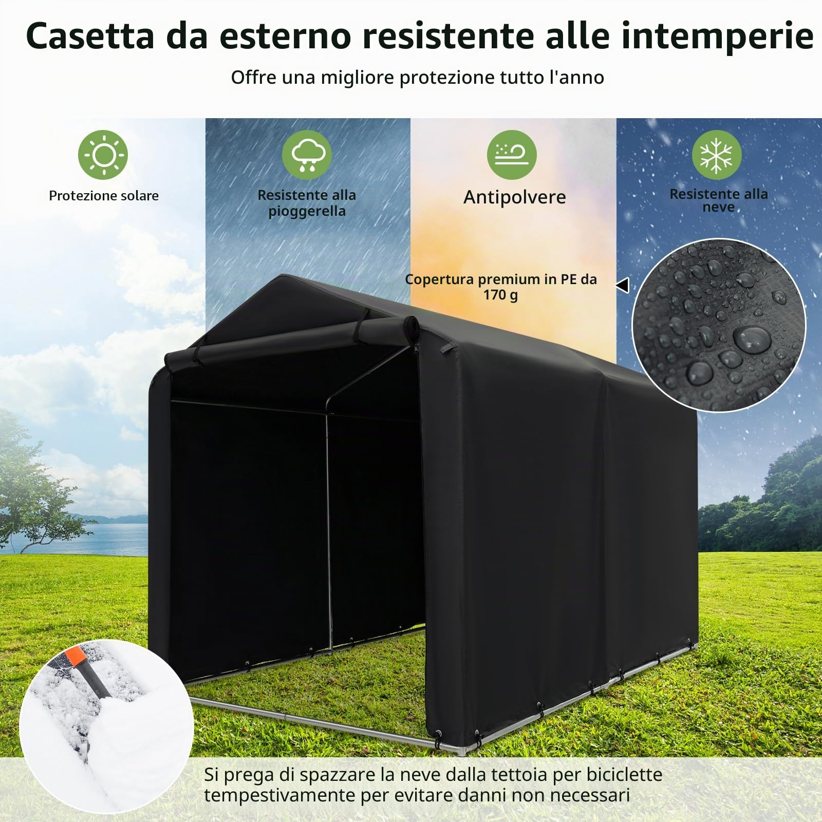 SOARS Capanno da Giardino 218 X 160 X 164 CM, Tenda Garage per Bici Moto Attrezzi, con Copertura en PE Impermeabile, Porta con Cerniera, Telaio in Metallo, Picchetti, per Esterno (Grigio Scuro)