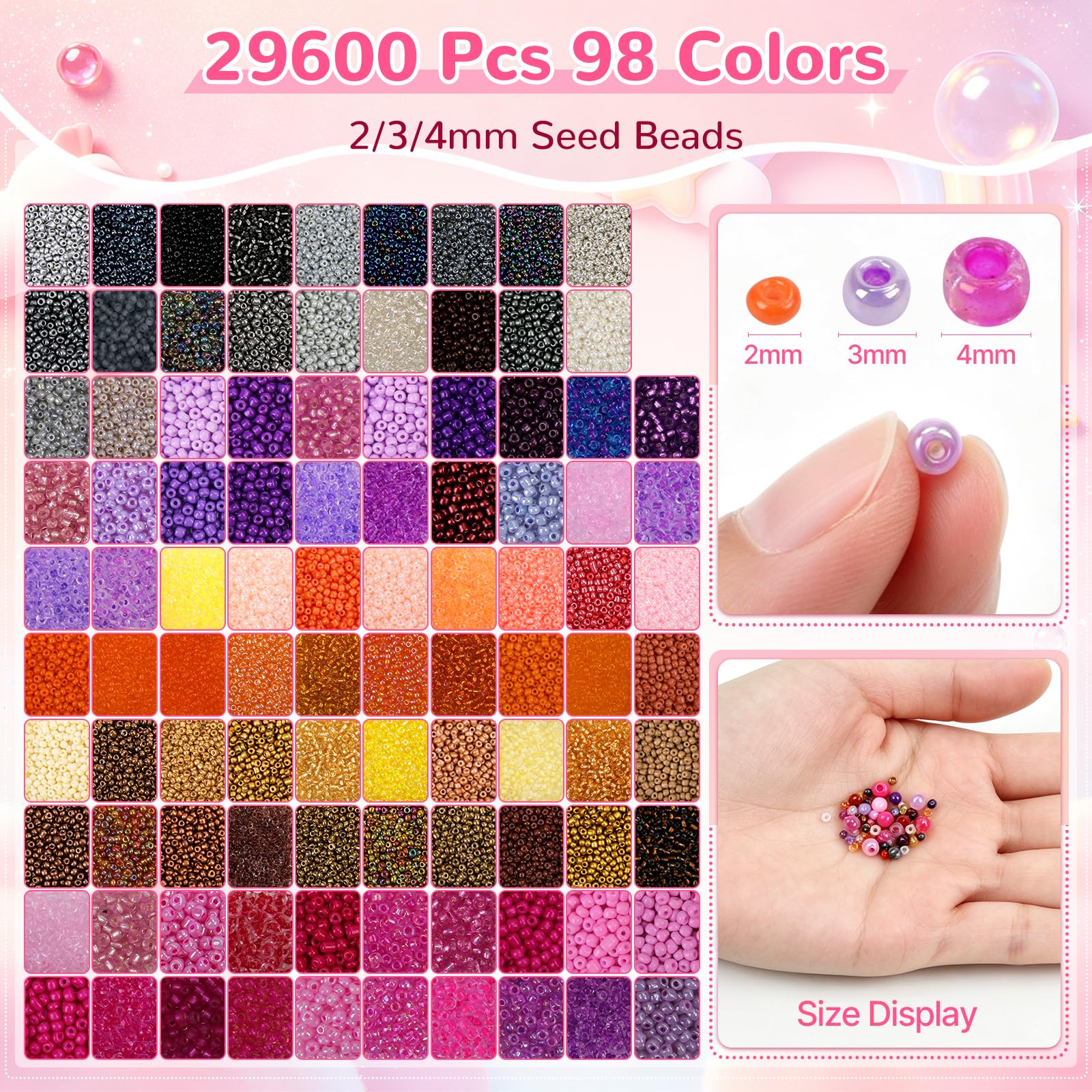 Kit de perles de rocaille en verre de 2 mm, 3 mm, 4 mm - 168 couleurs - 40