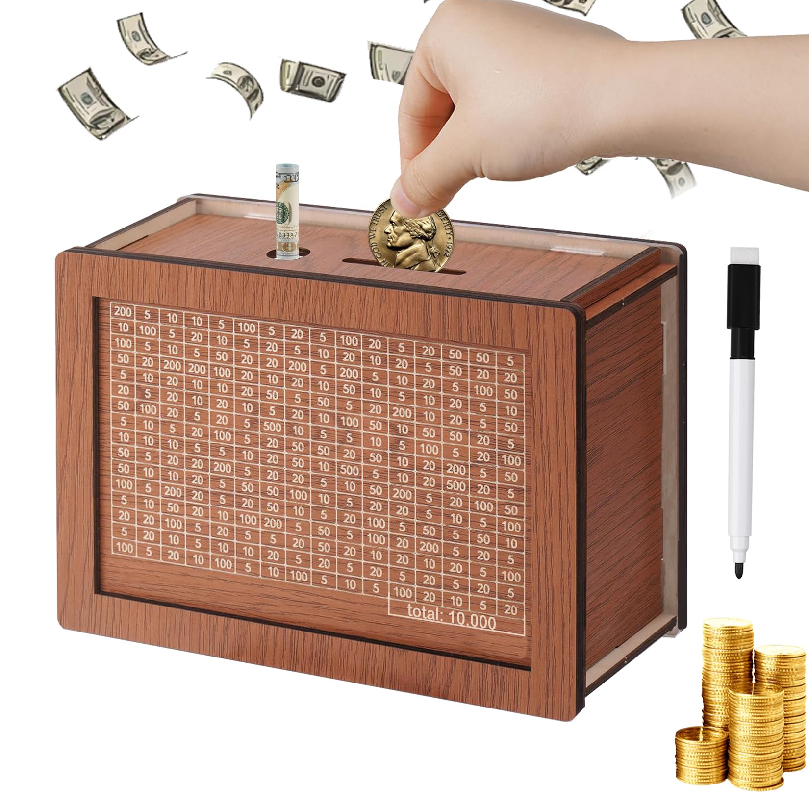 Xinpinzhou Men's Brown Wooden 10000 Saving Challenge Box For Adults, 10,000 10K Pound Coin Cash Vault Money Saver Saving Counter Wooden Piggy Bank Box For Boys With Numbers Cashbox Piggybank