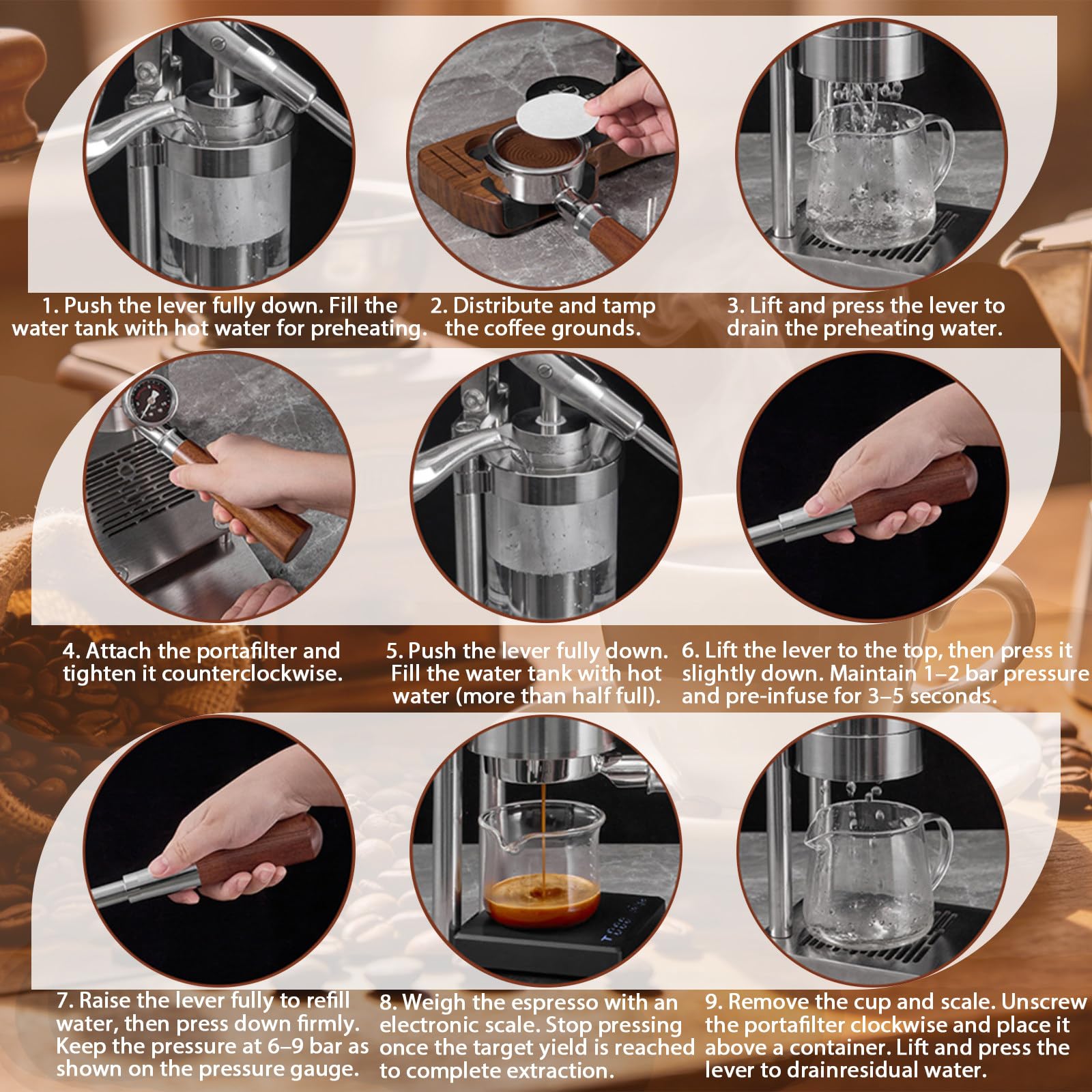Cafetera Retro de Palanca, Cafetera de Palanca Manual, 345ml, Control Presión 1-16 Bar, Filtro 58mm, para Baristas Profesionales, Cafetera de Piston Manual Set+DigitalScale