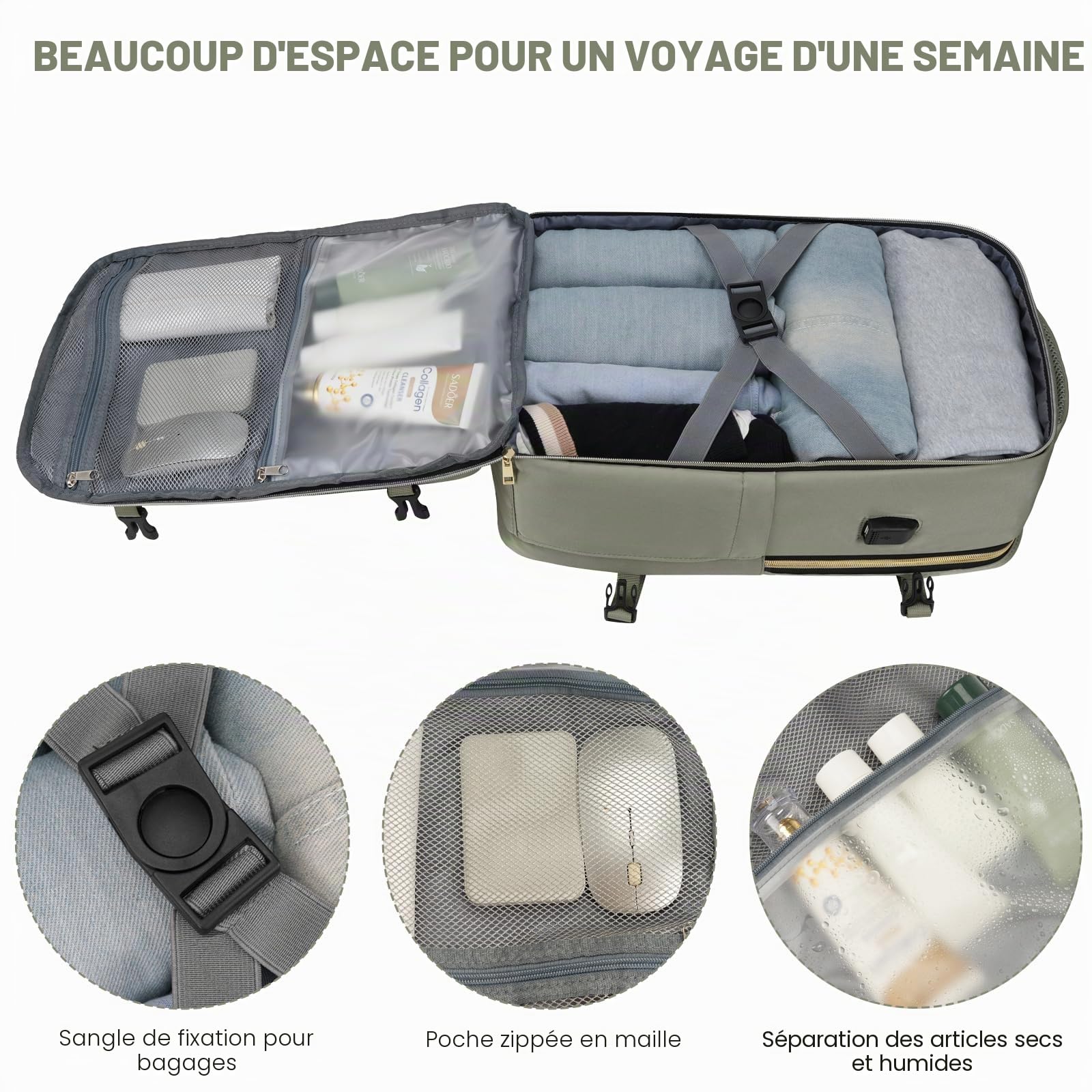 YAMTION Sac à dos de voyage cabine femme Vert avec 4 cubes de rangement, sac de week-end adapté aux vols, idéal pour les affaires, la randonnée, le travail, l'école et les études