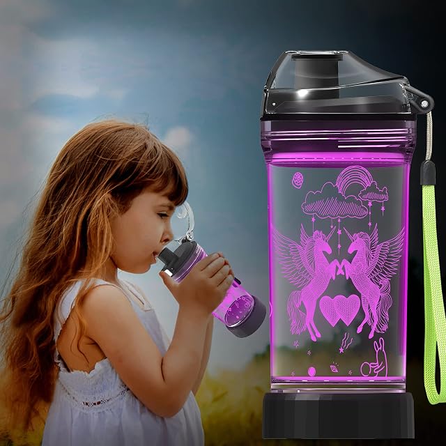 Ammonite Unicorn Kids 14 oz Water Bottle with 3D Glowing LED light - BPA Free Water Jug with Removable Base, Great Idea for School Kid Boy Unicorn Fan Child Holiday Camping Picnic