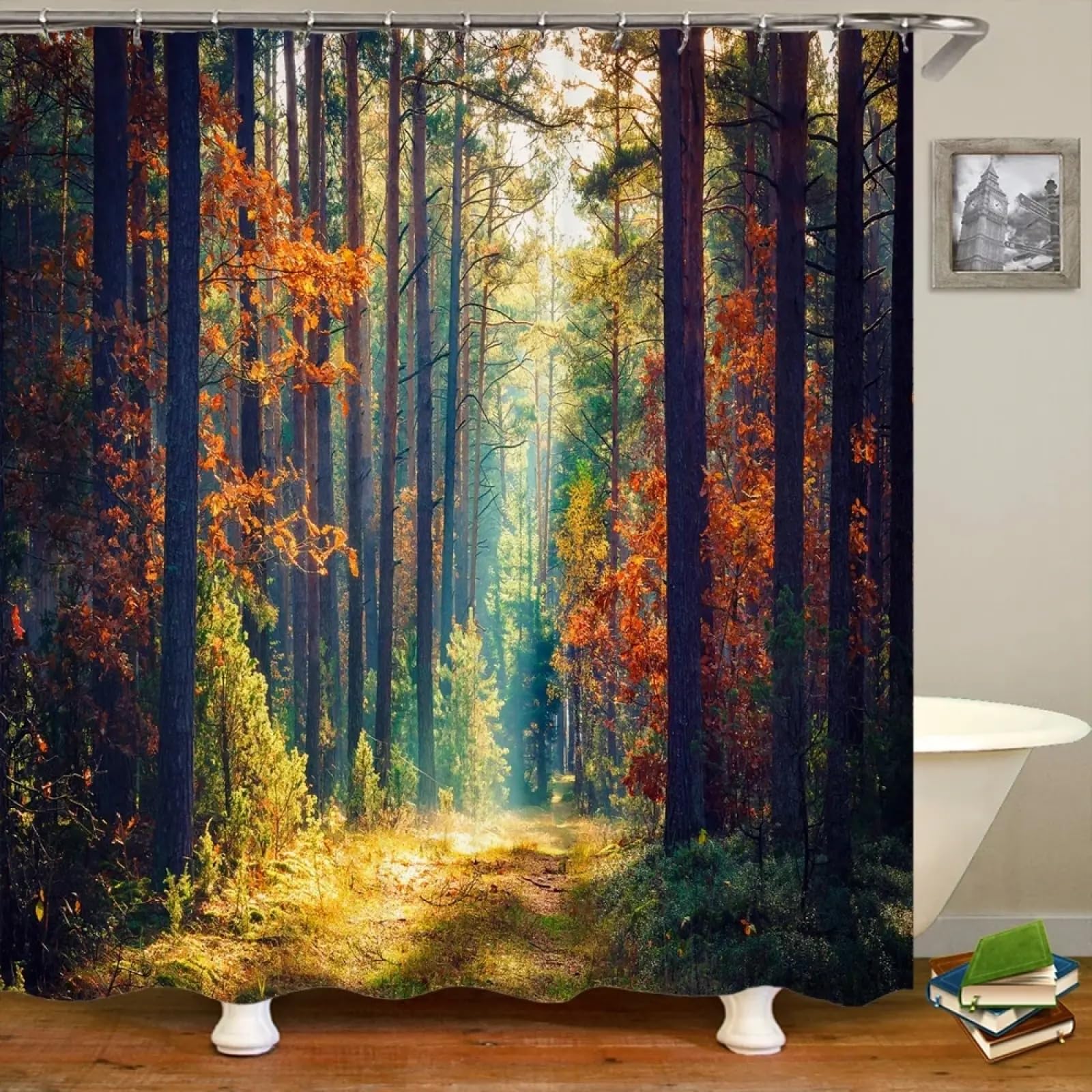 Rideau de douche forêt naturelle en tissu lavable pour s'évader dans sa baignoire