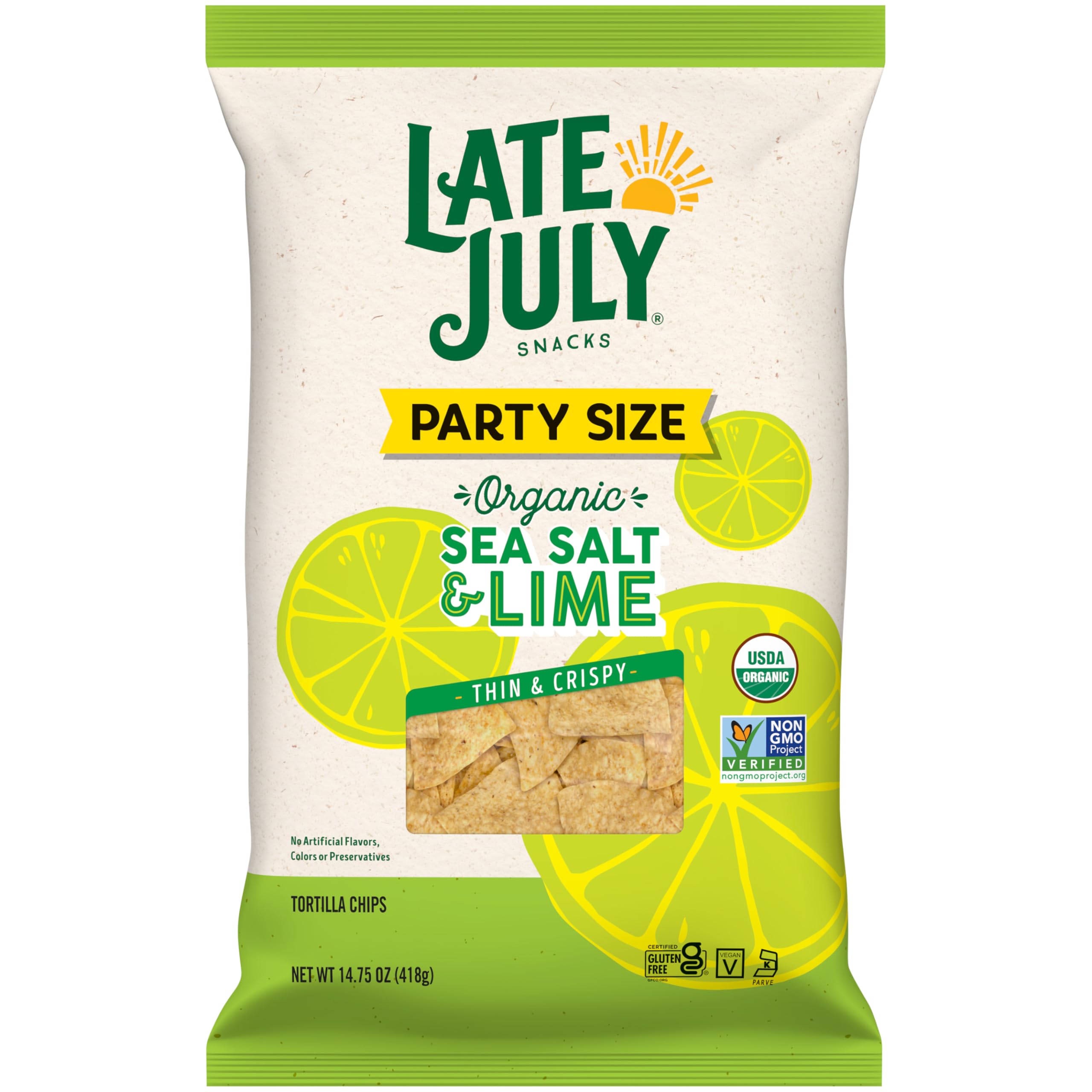 Late July Snacks, Thin & Crispy Organic Tortilla Chips, Sea Salt & Lime, 14.75 oz Party Size Bag