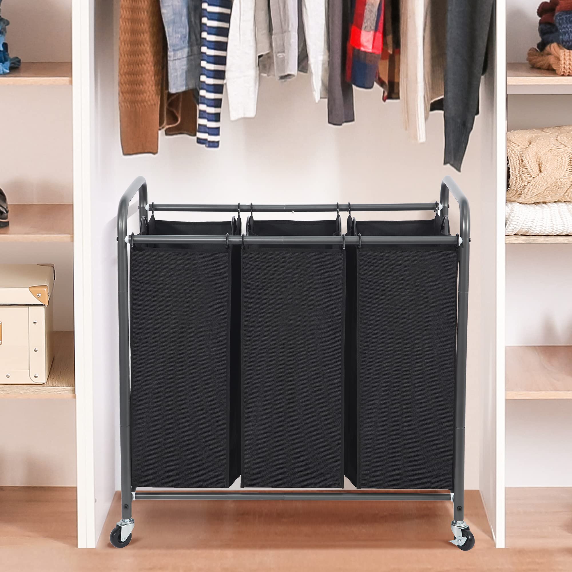 STO STO Trieur à linge à 3 sections, panier à linge à 3 sacs, panier à linge roulant, panier à linge avec roues verrouillables robustes et sac amovible pour le rangement des vêtements, noir