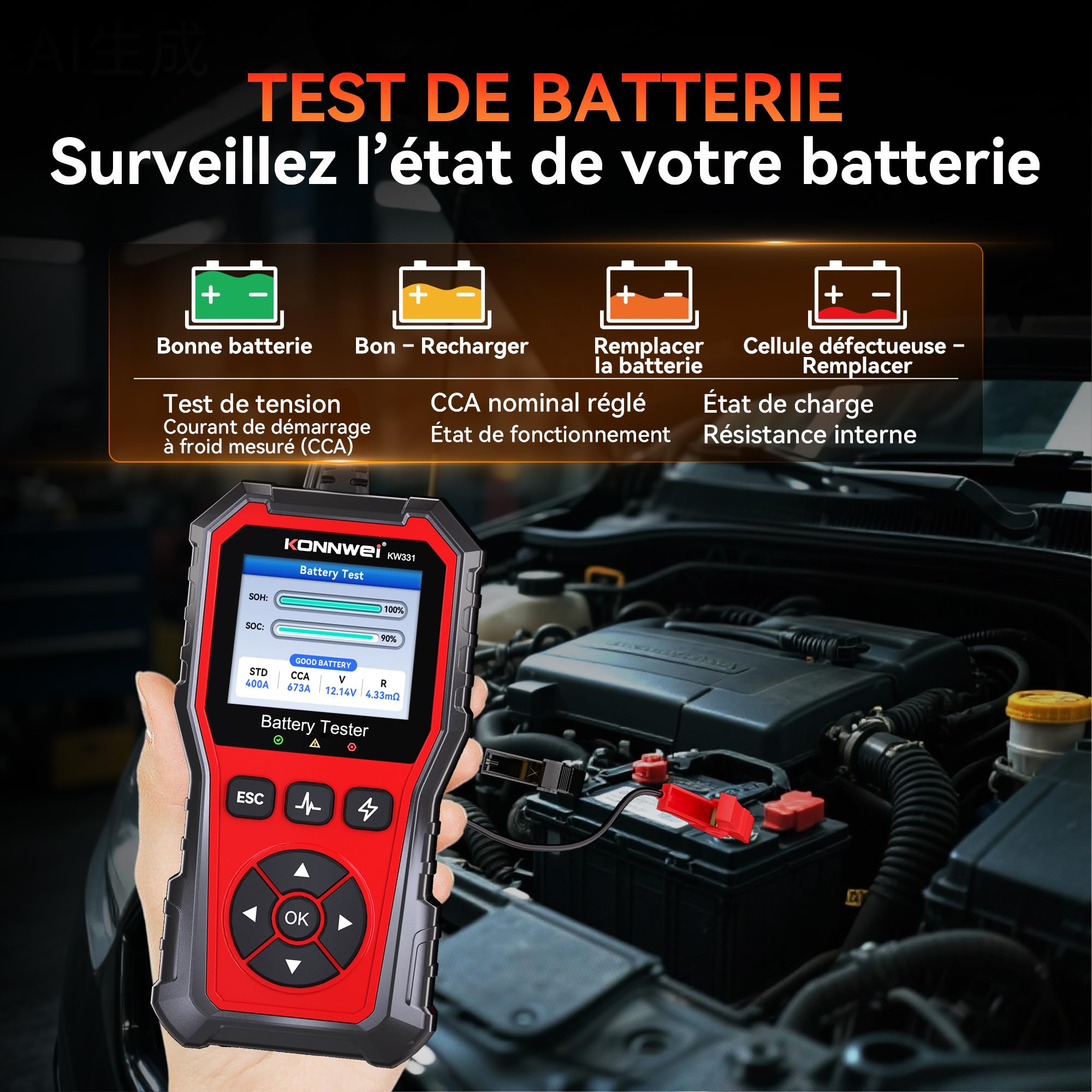 KONNWEI KW331 Testeur de Batterie avec Impression Cloud 10-2000 CCA 6V 12V 24V AGM Lithium Gel Batterie Analyseur Numérique Alternateur Système de Charge et Démarrage Voiture Moto Camions Marrine
