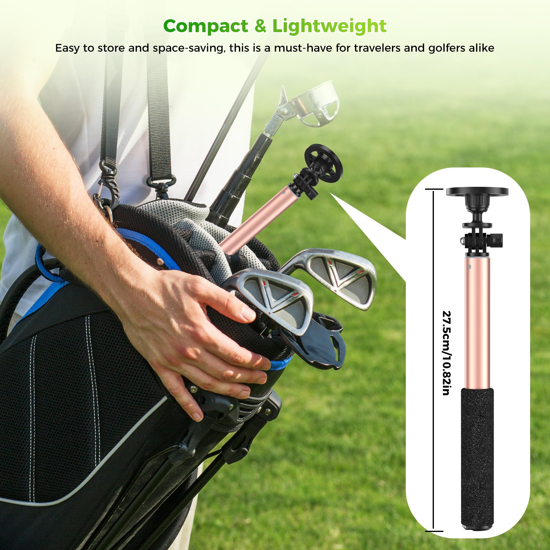 Perche à selfie de golf avec piquet et trépied, support magnétique MagSafe pour téléphone, rotation à 360°, perche réglable de 73 à 119,4 cm pour enregistrement de swing, entraînement de