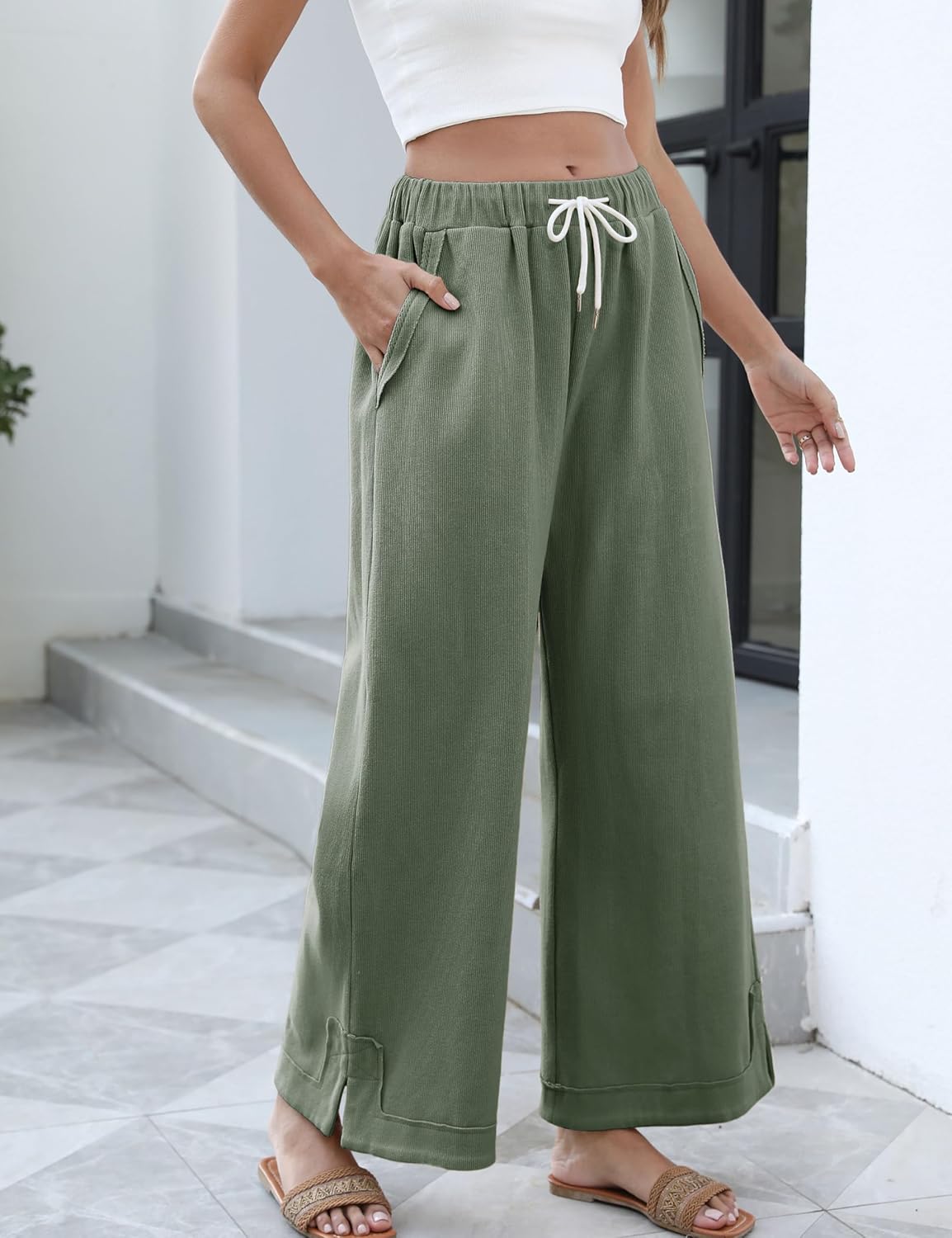Springrain Womens Baggy Wide Leg Pants Casual Loose Cotton Drawstring Elastic Waisted Palazzo Pants with Pockets - Image 2