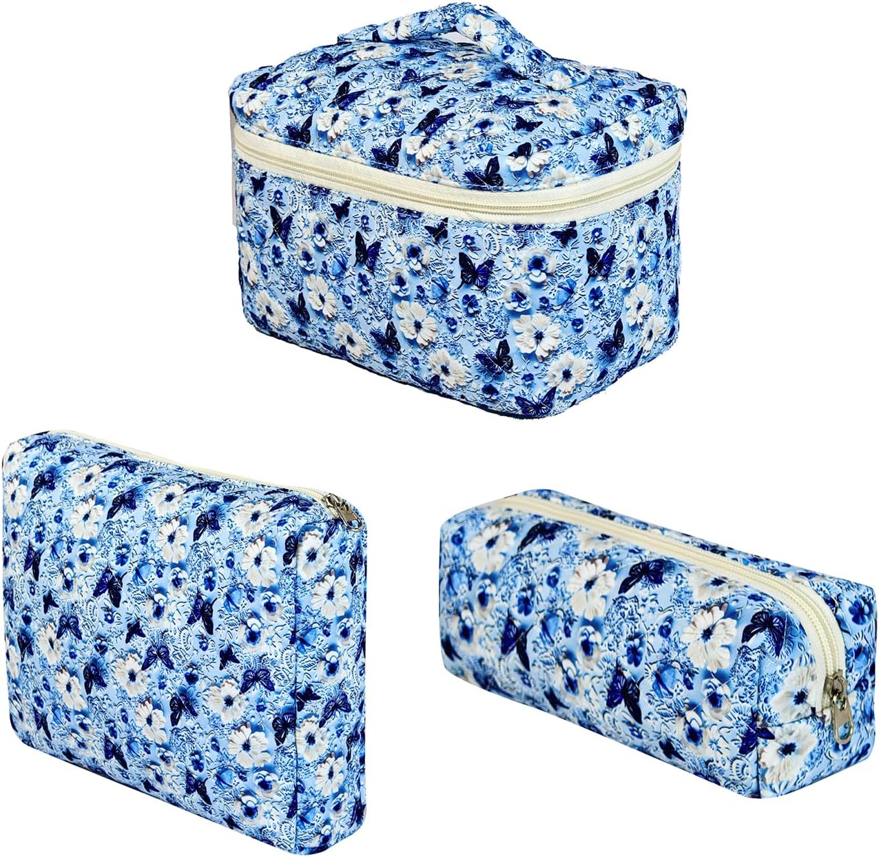 Makeup Bag Set, Large Travel Cosmetic Bags for Women, 3pcs Cute Floral Makeup Bags, Cotton Quilted Toiletry Organizer Bag, Women’s Emergency Bag (Deep Blue – Butterfly)