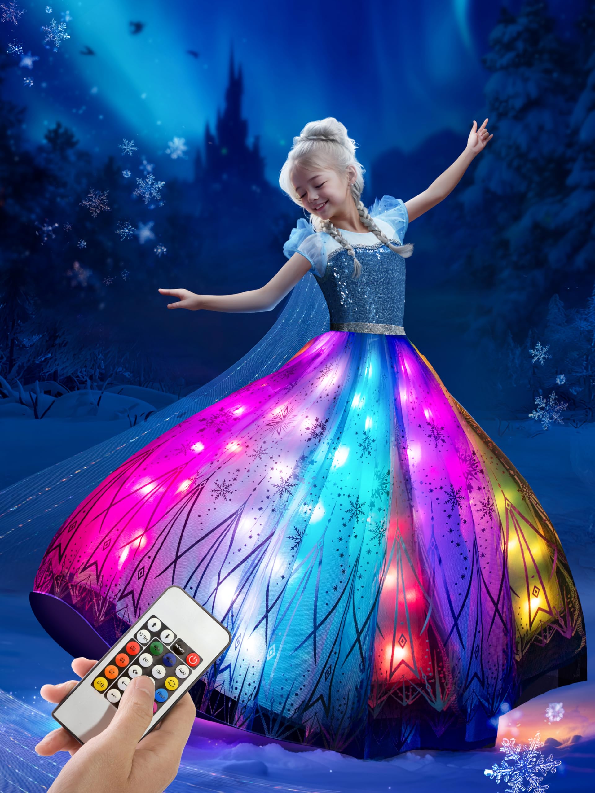 BLINGCOS Princess Costumes for Girls with RGB LED Lights, Princess Dress Music Sync & App Control, Girls Dress Up for Halloween, Christmas, World Book Day, 130