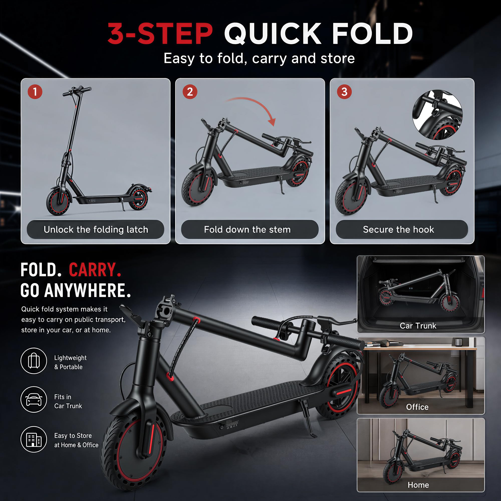 Patinete eléctrico plegable para adultos, 10,4 Ah, autonomía 25/35 km, neumáticos sólidos 8,5", carga máxima 120 kg, control con App
