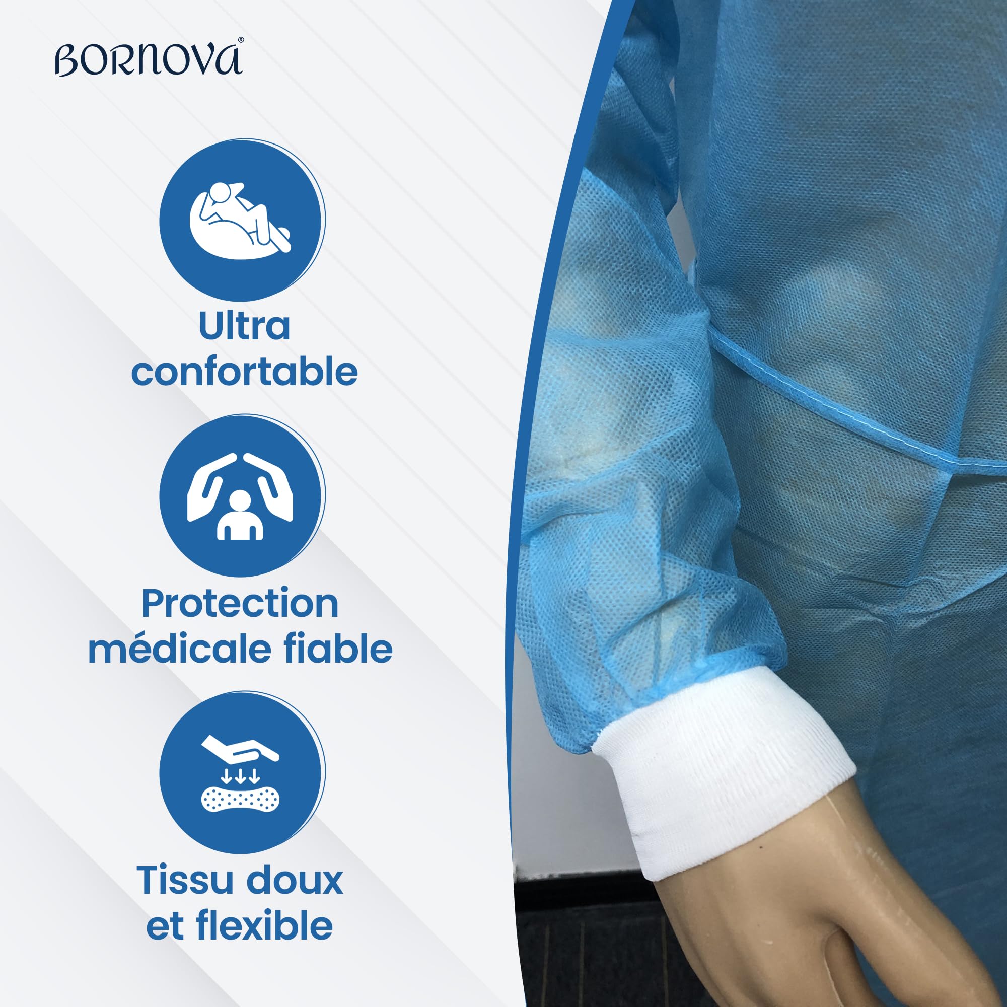 BORNOVA Surblouse médical jetable - Blouse d'isolation protection patient hôpital - PP Taille universelle - Qualité professionnelle Confortable - Bleu ciel 35 gsm (10)