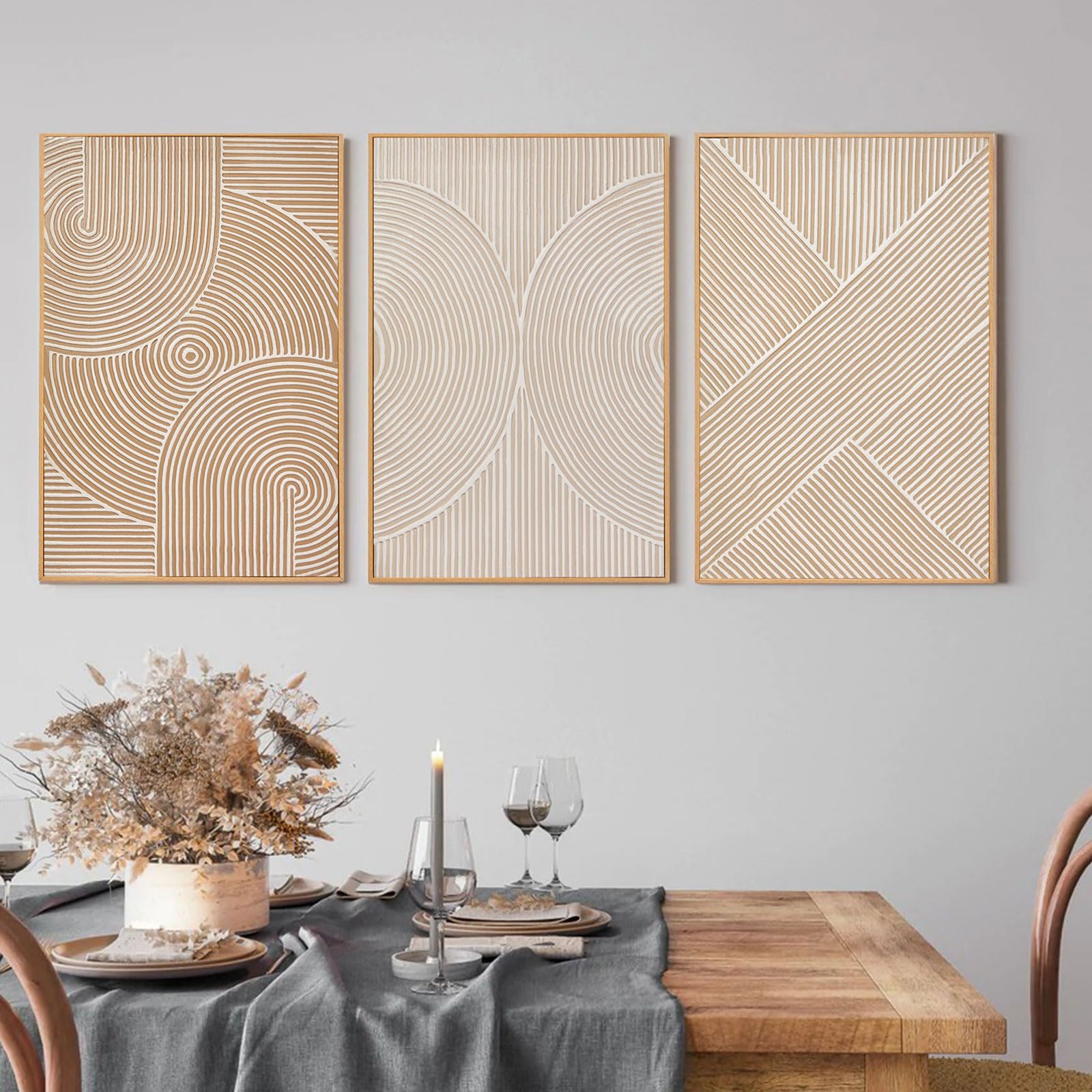 zessonic neutral minimalist textured 3d wall art abstract hand-painted framed wall decor geometric artwork canvas paintings- living room bedroom office - modern boho neutral line 16"x24" 3 piece