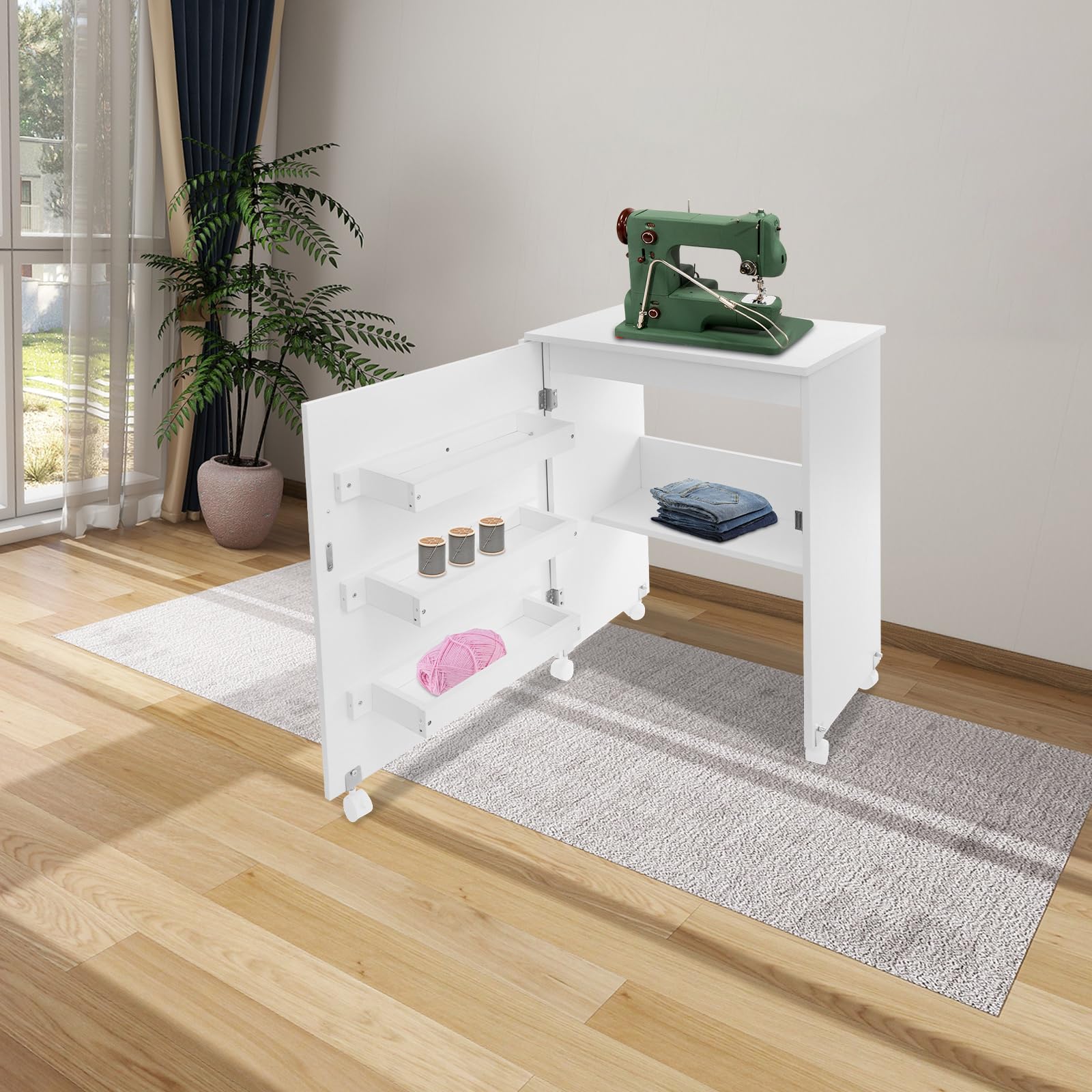 Mesa plegable para máquina de coser 2 en 1, mesa de coser plegable, mesa multiusos con 5 ruedas, para estudios y talleres