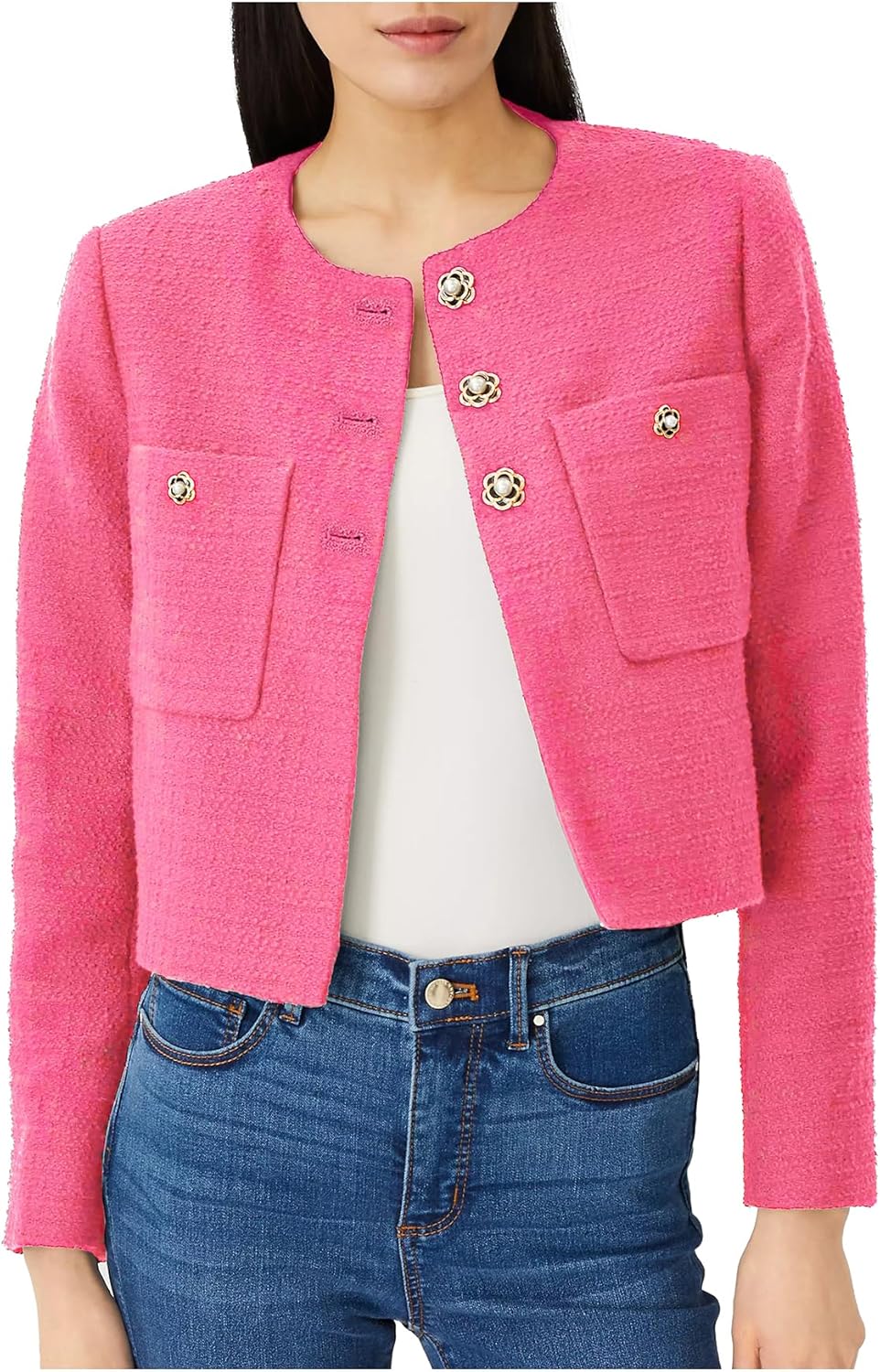 LifeShe Women's Tweed Jackets Elegant Open Front Cropped Blazers Long Sleeve Office Work Coats