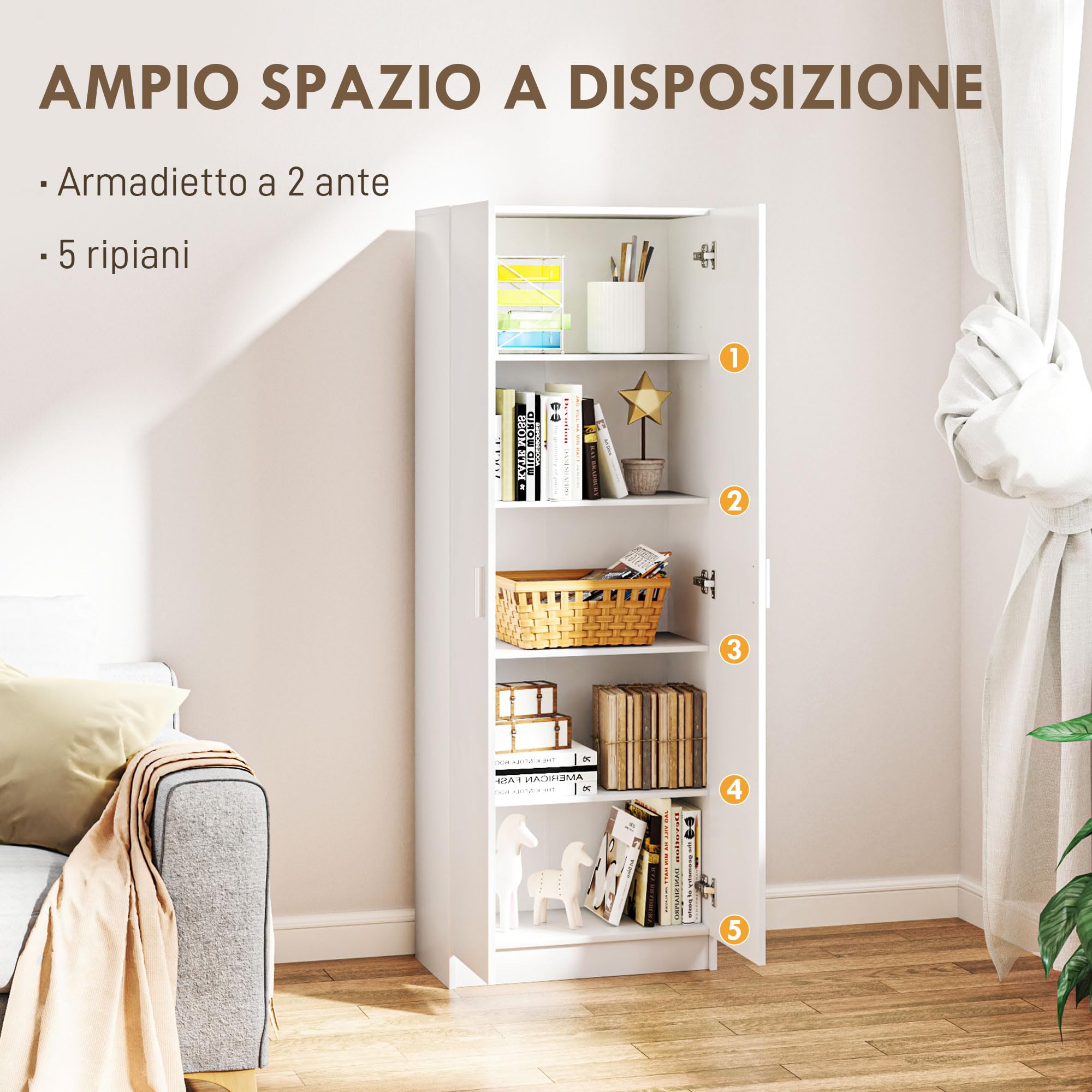 HOMCOM Armadio Multiuso con Ante Battenti, 5 Ripiani e 3 Livelli Regolabili, Mobiletto Multiuso Credenza in Legno Truciolato per Cucina, Scarpe, Ingresso, Camera da Letto Bagno, 60x31.5x165 cm, Bianco
