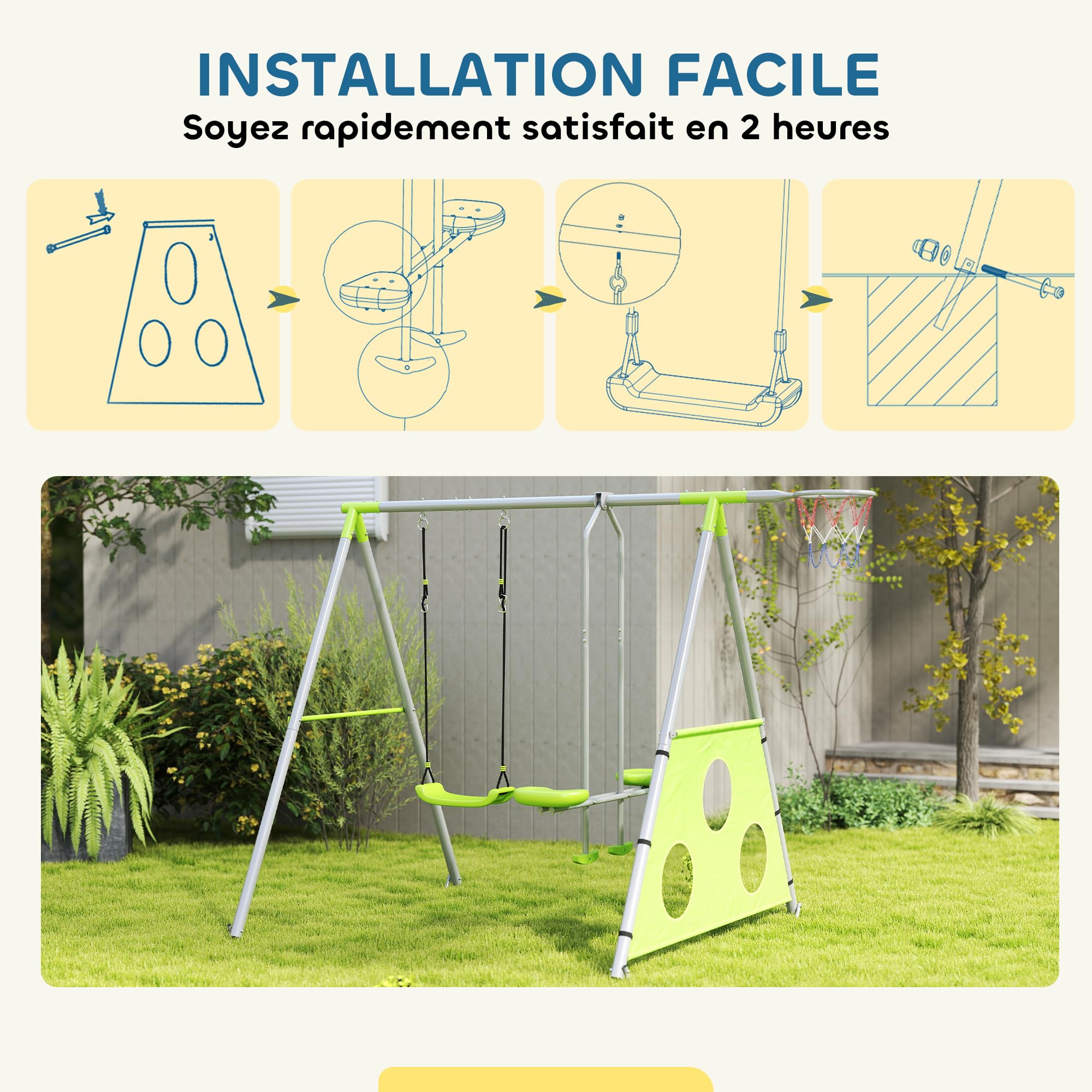 AIYAPLAY Balançoire Portique pour Enfant 4 en 1 pour 4 Enfants 135 kg Vert | 1 Agrès, 1 Face à Face, Panier de Basket-Ball, But de Football, Balançoire Enfant Extérieur, pour 3-8 ans