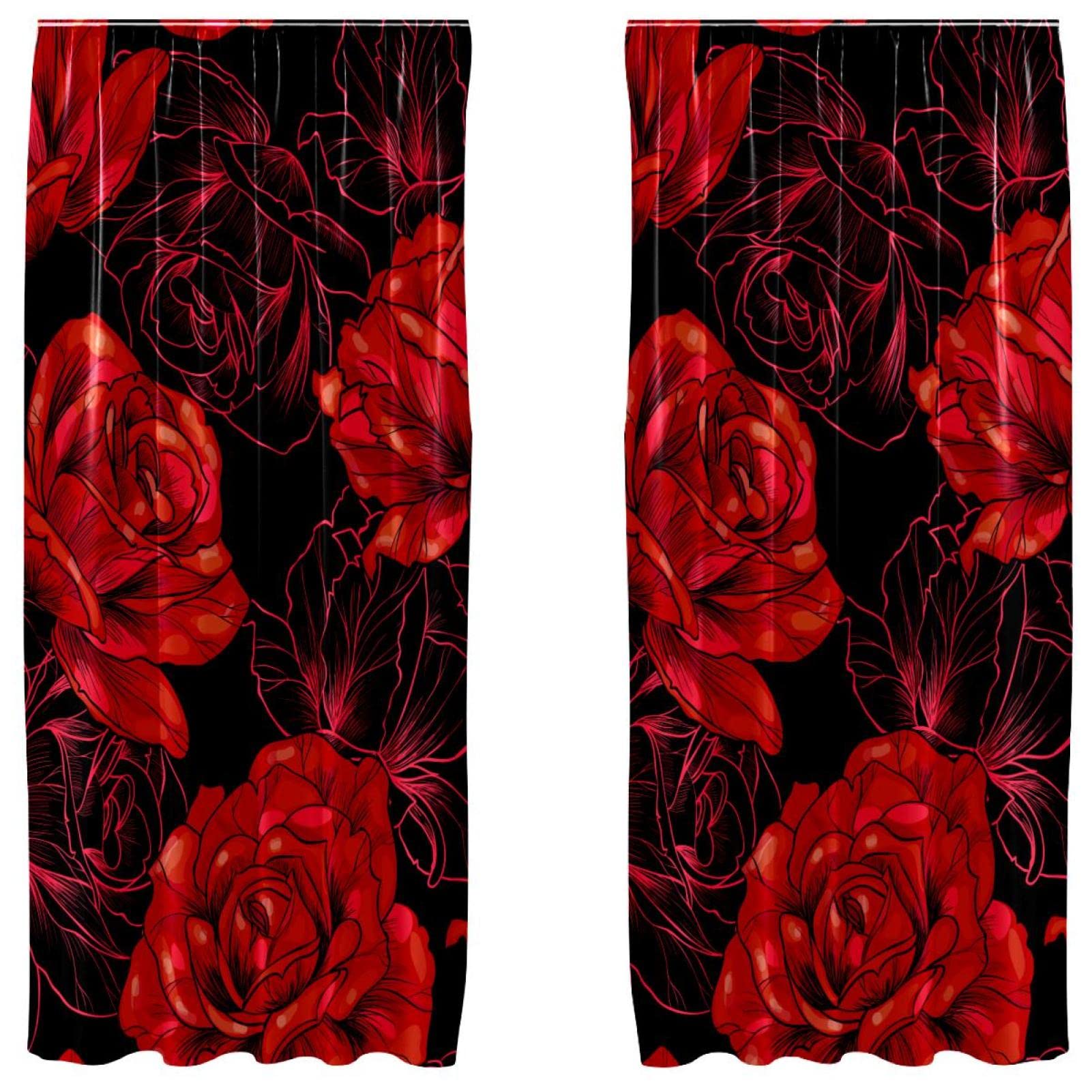 Cortinas de flores rojas y fondo negro de 55x84" ideales para un dormitorio acogedor