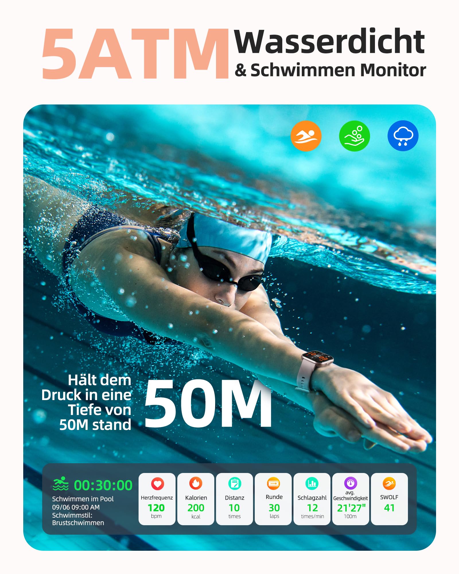 Parsonver Smartwatch Damen 5ATM Wasserdicht Sportuhr Schwimmen 1,8" HD Fitnessuhr 100+ Sportmodi Herzfrequenz Schlaftracking Android iOS Roségold FF2