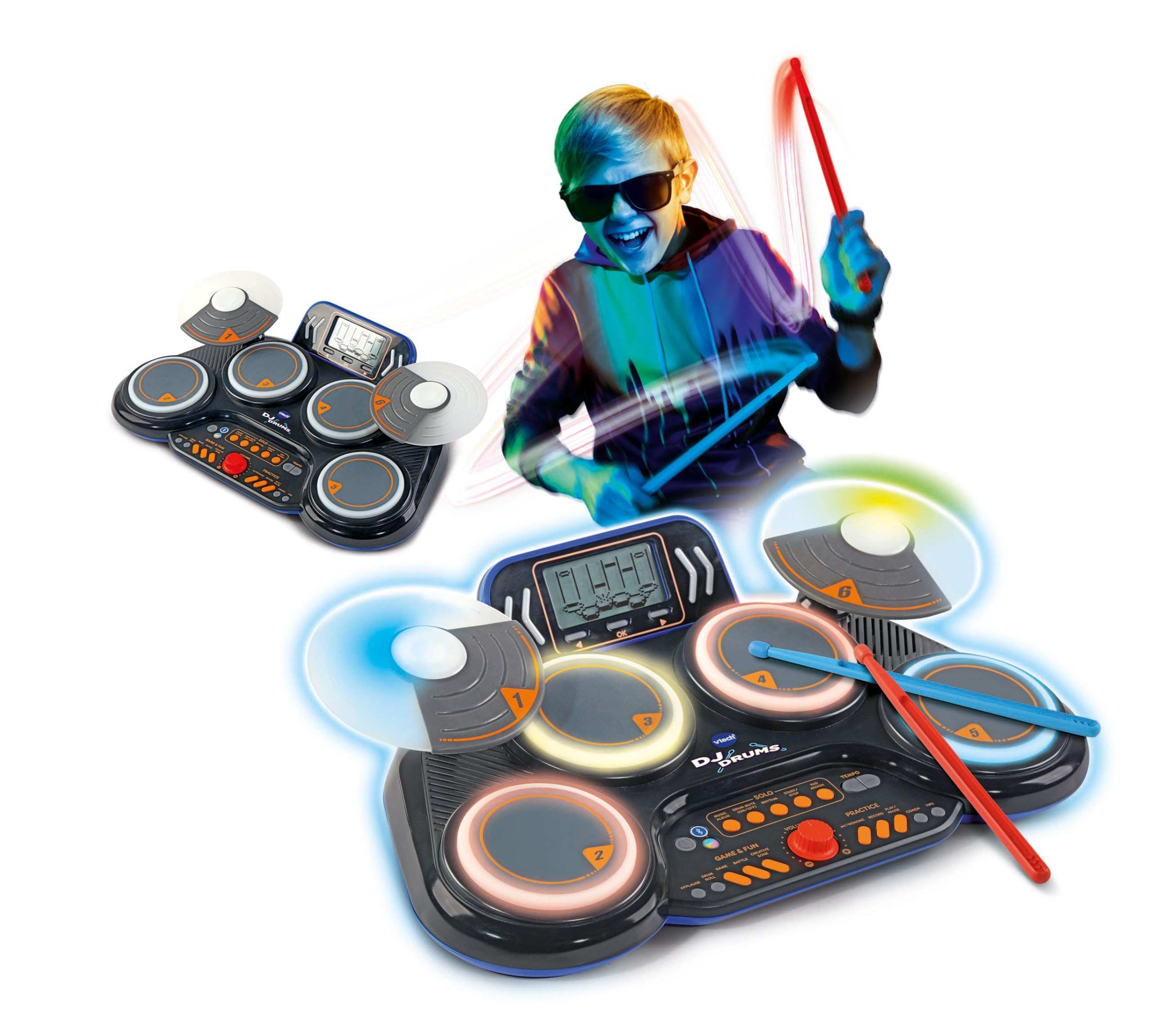 VTech Kidi DJ Drums, elektroniczny akumulator dla dzieci z podkładkami świecącymi, grami muzycznymi, trybem Bluetooth i wbudowanym mikrofonem, pałeczkami w zestawie, język włoski, baterie w zestawie,