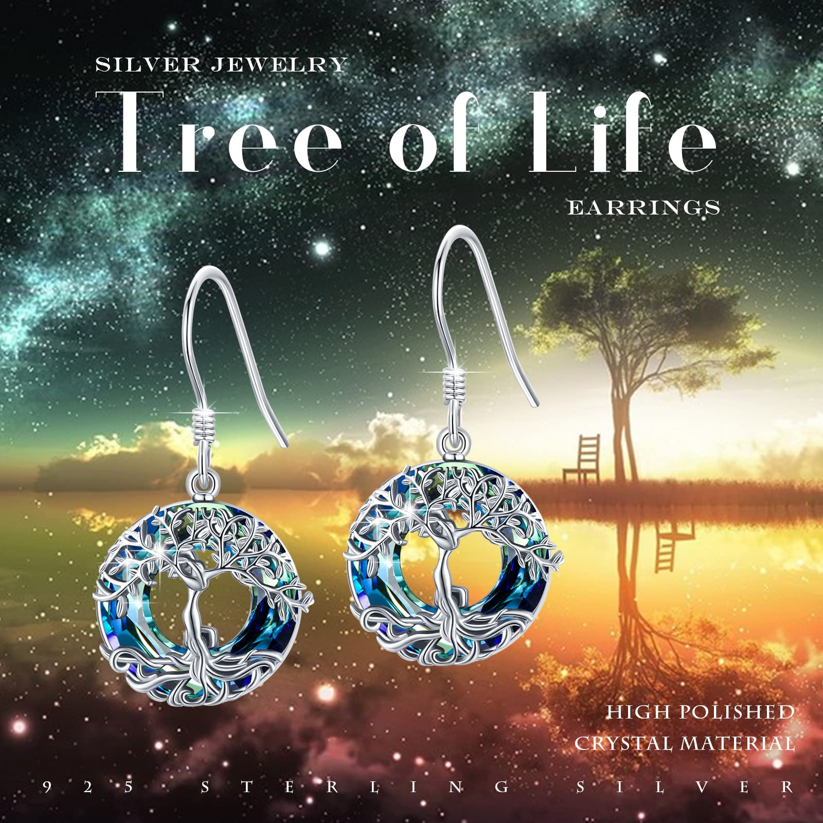 Baum des Lebens Ohrringe für Frauen Mädchen 925 Sterling Silber Stammbaum Blau Österreich Kristall Brisur Ohrringe Schmuck Geburtstag Abschlussfeier Geschenke für Mutter Ehefrau