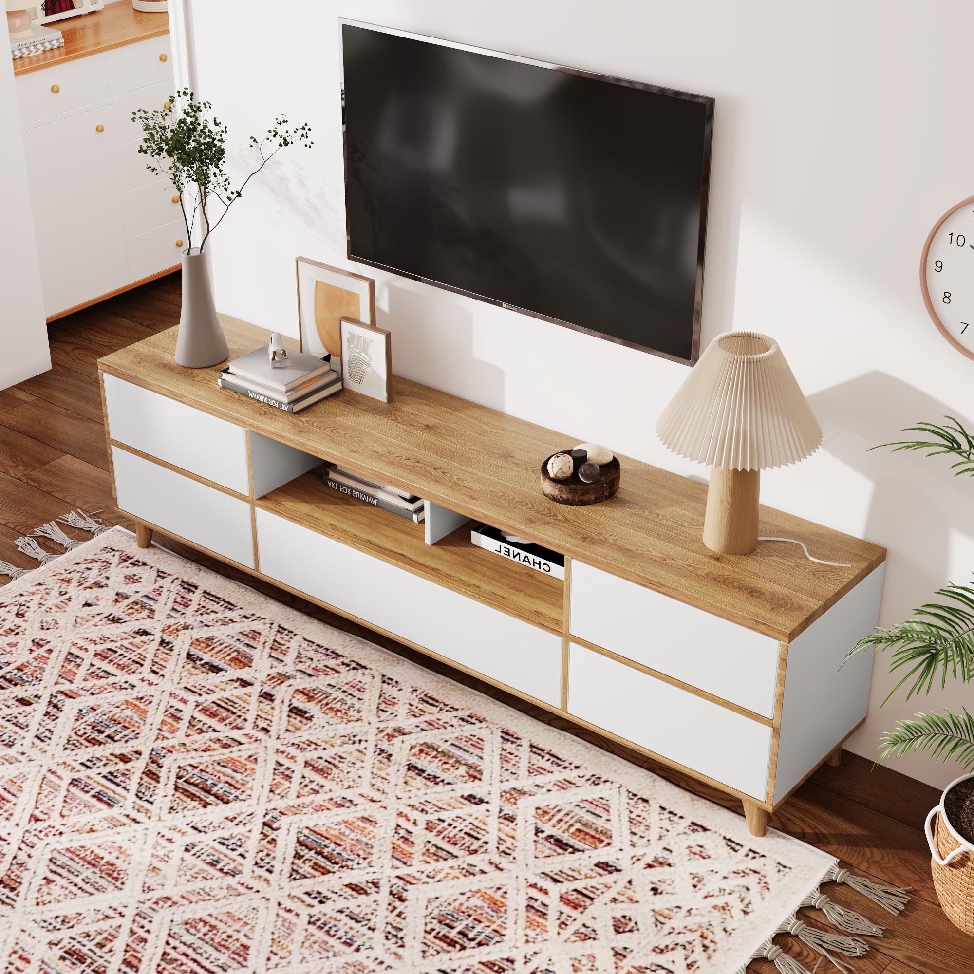 Merax Boden-TV-Schrank,TV-Sideboard Lowboard in Weiß und Holzoptik mit Fächern und Türen - Charmante Wohnzimmermöbel 175 * 37 * 51CM