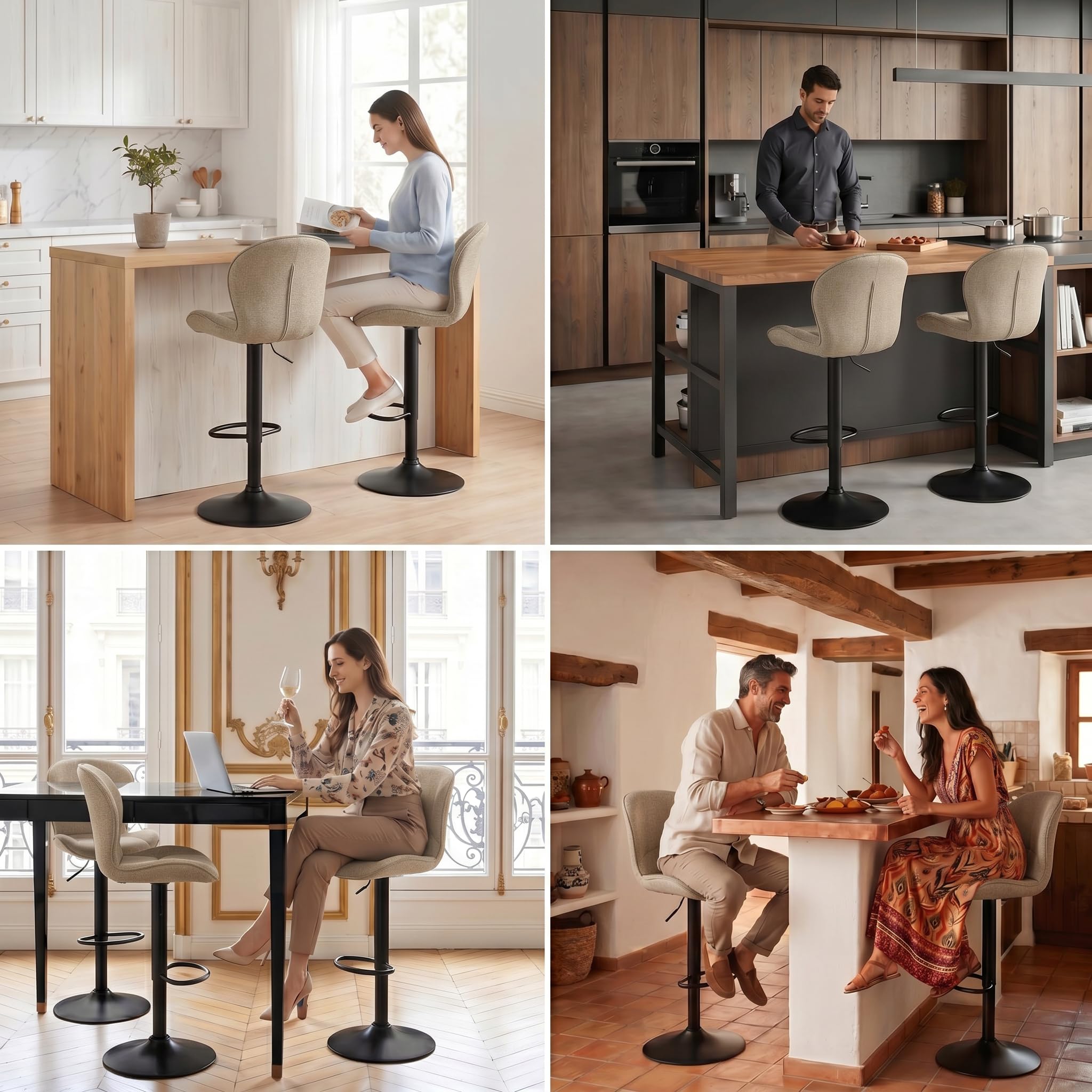 LEWE Taburetes Altos de Cocina Bar, Regulables Giratorios, Pack 2-Caqui | Sillas Altas de Cocina, Respaldo de Tela, Reposapiés Metálico, Escandinavo Moderno, para Isla de Cocina, Bar, Comedor