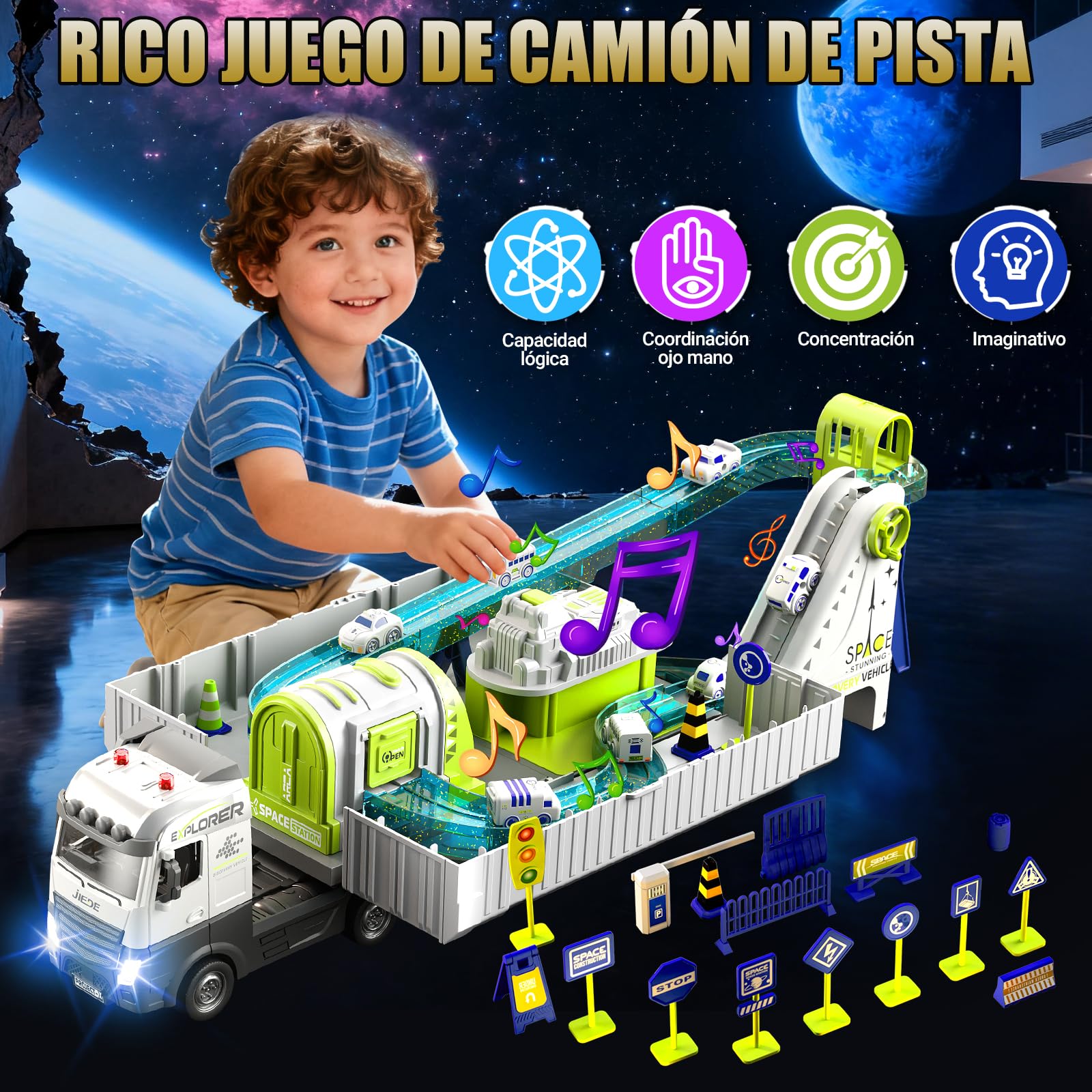 JONRRYIN Construcción Camión Niños, Vehículos Transportador Juguete con Pista de Coches, Grúa, Eyección Pista y 12 Mini Camións, Camión de Aleación Grande Regalo para Niños 3+ Años