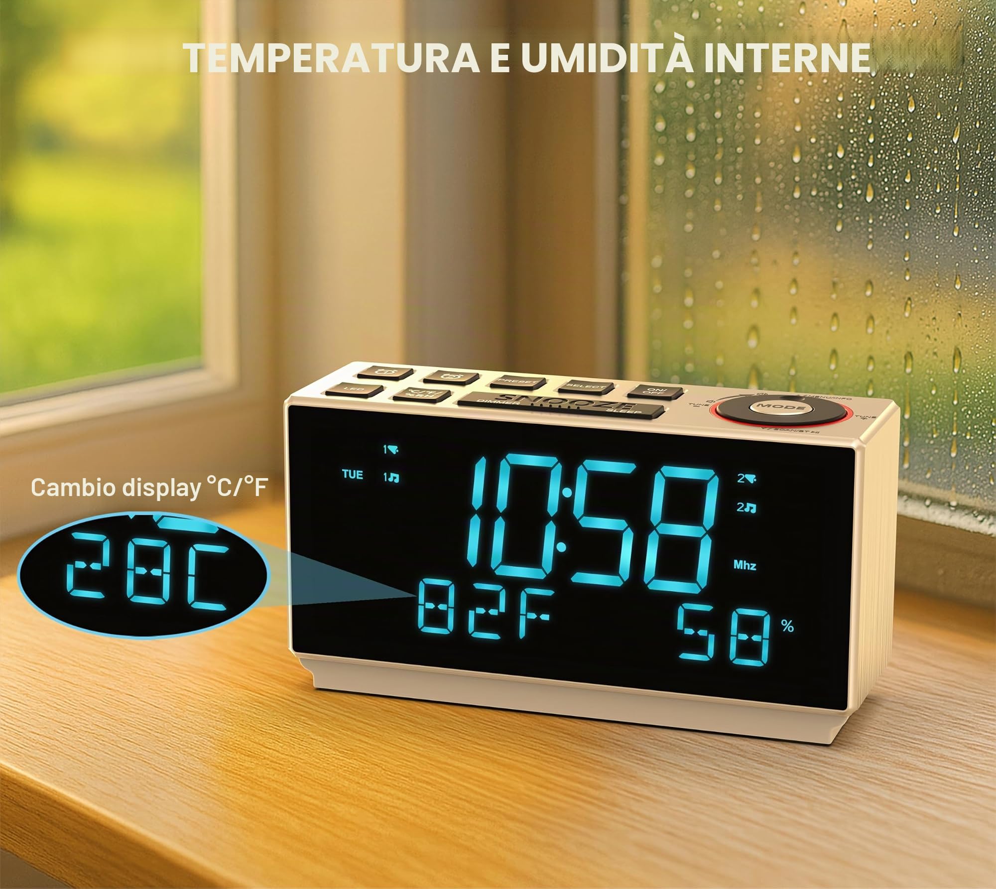 DAB+ & FM Radiosveglia con Bluetooth, 40 preset auricolari, doppia sveglia con sonno e timer sonno, due porte di ricarica, dimmerabile, indicatore di temperatura, sveglia LED 508D