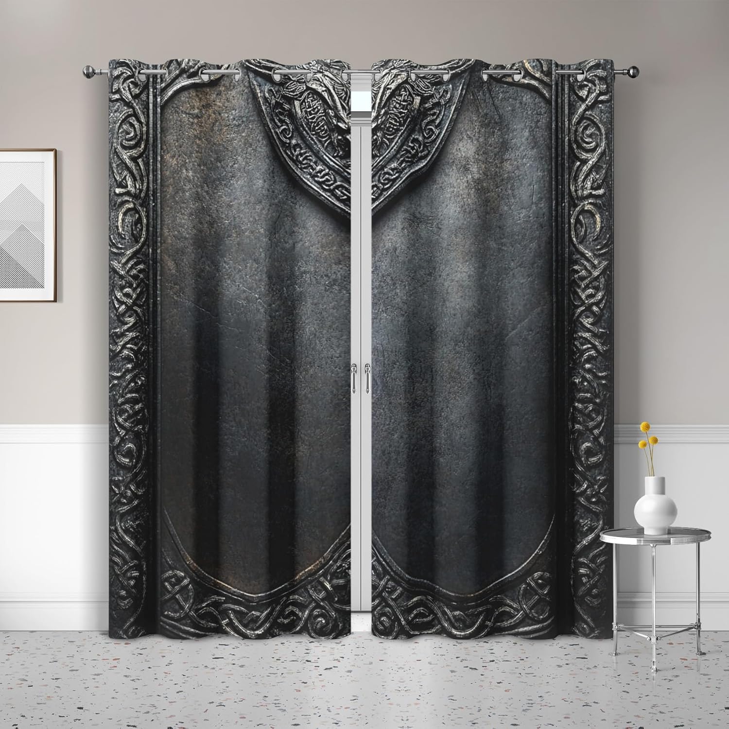 Medieval Armor Vintage Iron Gate Kitchen Curtains, Gothic Celtic Knot Blackout Curtains for Bedroom, Metal Texture Fantasy Castle Curtain for Living Room, Drapes 2 Panel 27.5 x 39 Inch