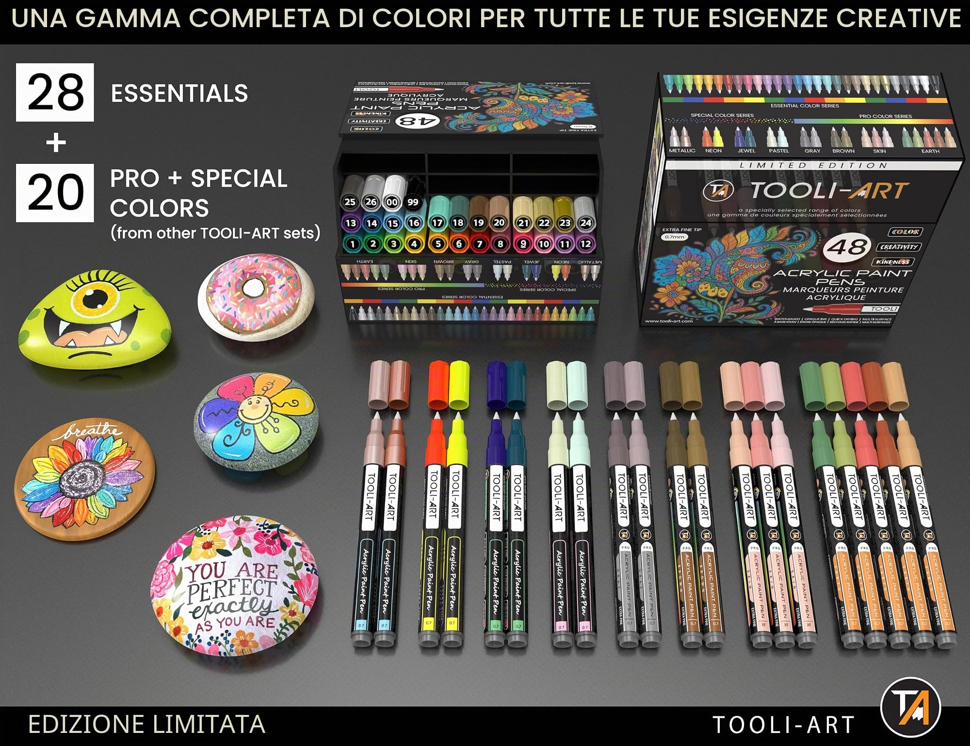 TOOLI-ART 48 pennarelli acrilici, edizione limitata, punta extra fine da 0,7 mm, per pittura su pietra e altro ancora, atossici, a base d'acqua